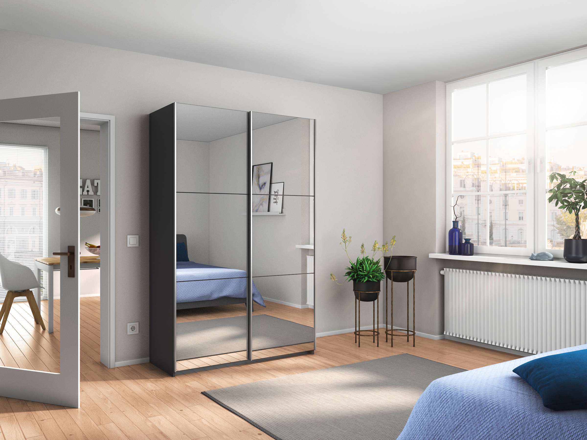 rauch Kleiderschrank »Schwebetürenschrank Schrank Garderobe Schlafzimmer Ankleide REFLECT« Graumetallic, Spiegelfront, mit praktischen Stoffboxen MADE IN GERMANY