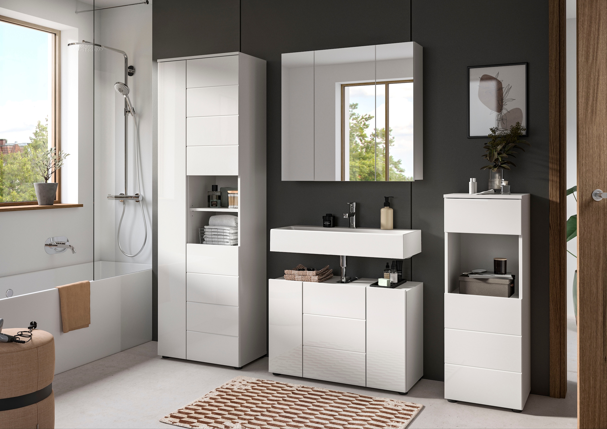 welltime Hochschrank »BIEL, 190 cm, 3 Türen, 2 offene Fächer« 1 Stk. tlg. Türanschlag wechselbar, modernes Design, Badschrank, Unterschrank, Bad