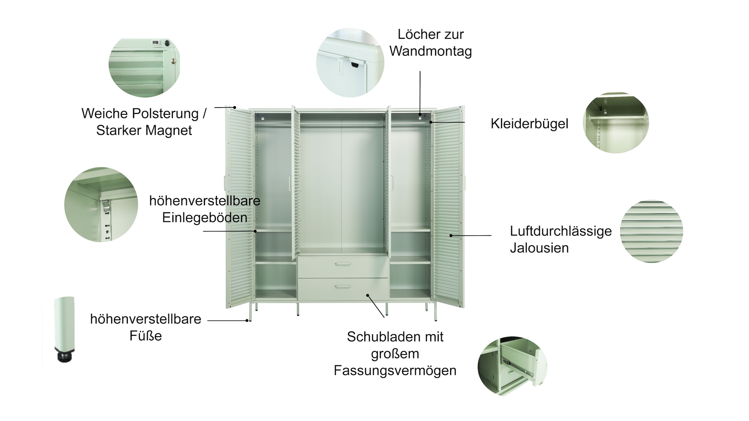 GOODproduct Kleiderschrank »GERRON Kleiderschrank Metallschrank Spind« Schlafzimmerschrank, 4 Türen & Schubladen, grün salbei, Breite 158cm