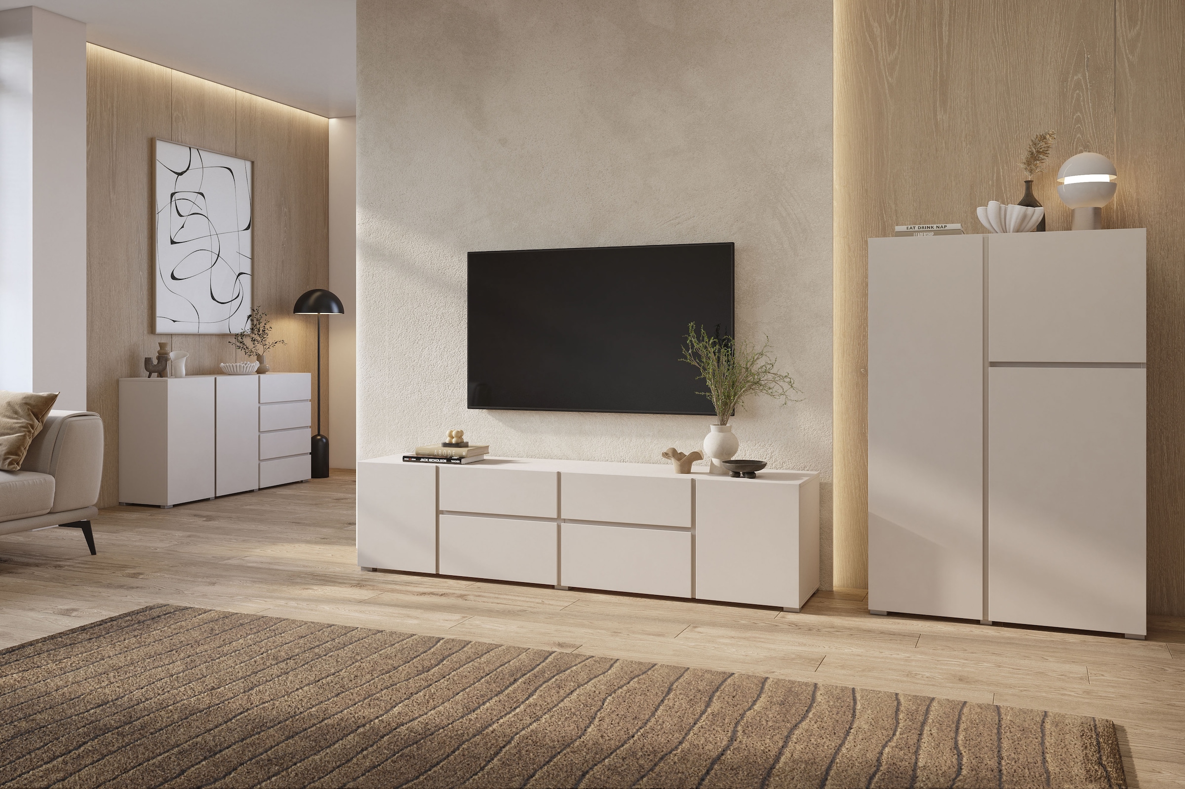 GOODproduct Sideboard »Metric,Breite 138 cm, grifflose Kommode 2 Türen/4 Schubkästen« Schubladenschrank mit viel Stauraum, Einlegeböden verstellbar
