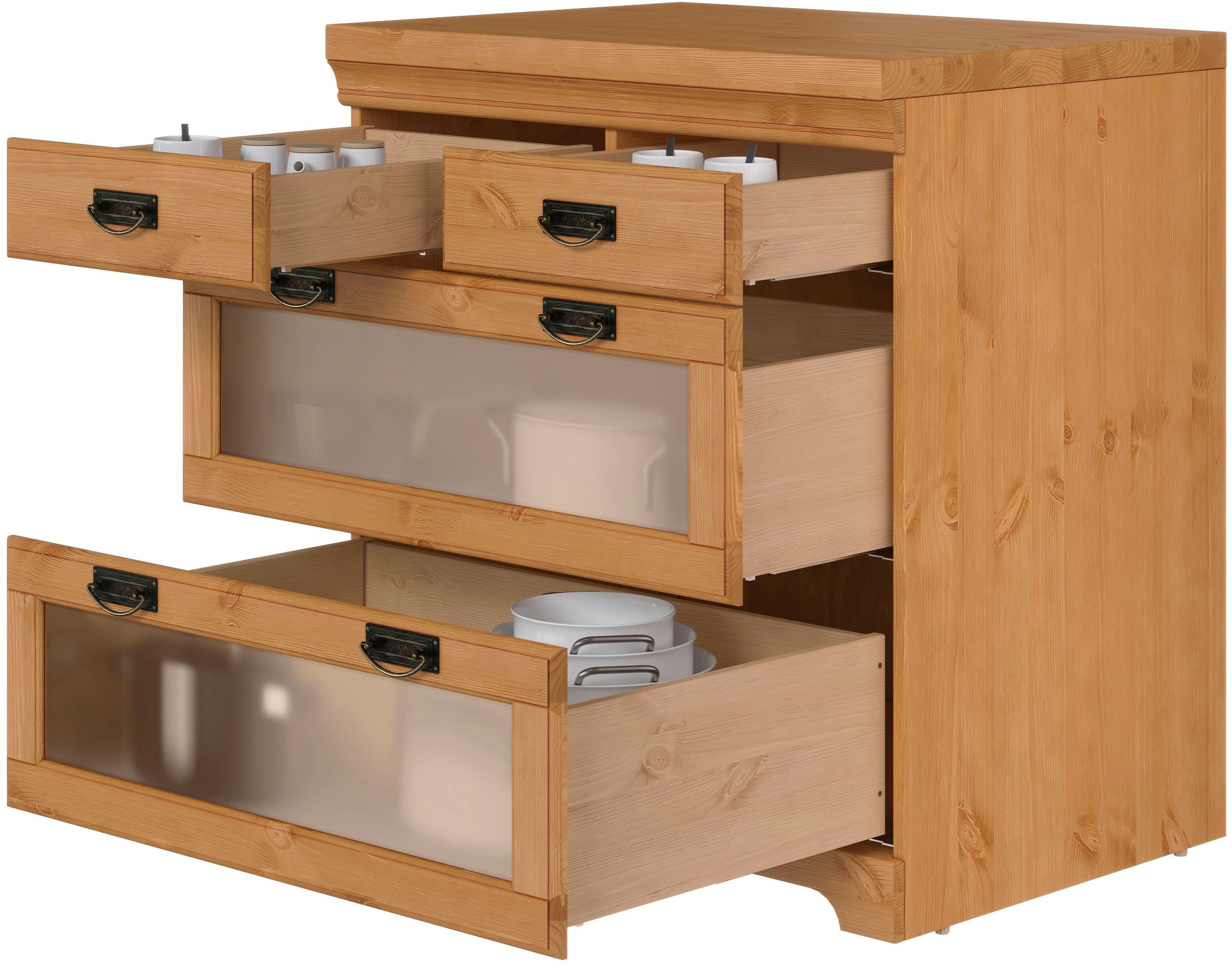 Home affaire Unterschrank »Rügen« Breite 80 cm, Kiefer massiv, Schubkästen mit Glaseinsatz