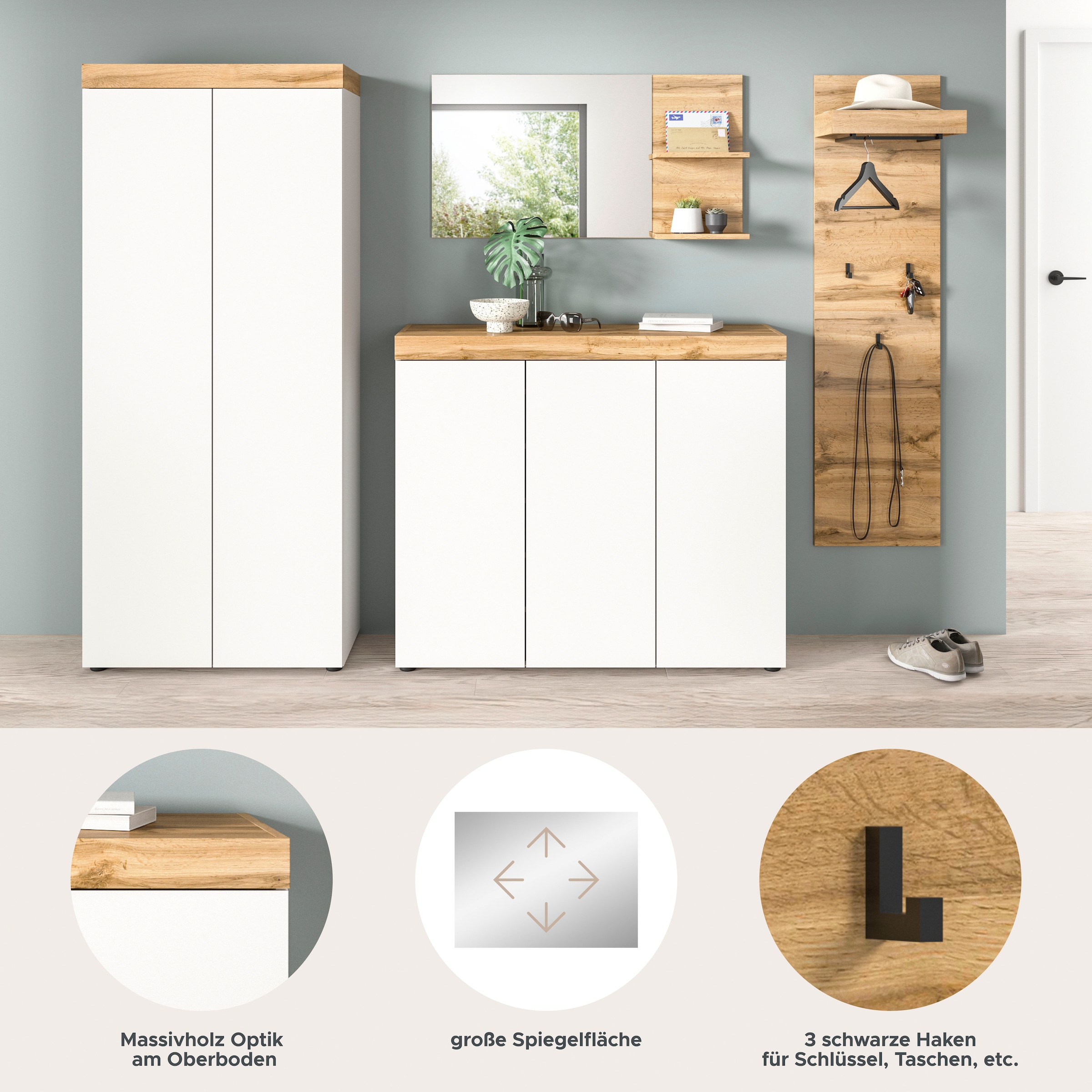 GOODproduct Garderoben-Set »MAMBO, 4-teilige Kombination, stehend & hängend montierbar« bestehend aus: Garderobenschrank, Kommode, Spiegel, Garderobenpaneel, 4 Stk. tlg.