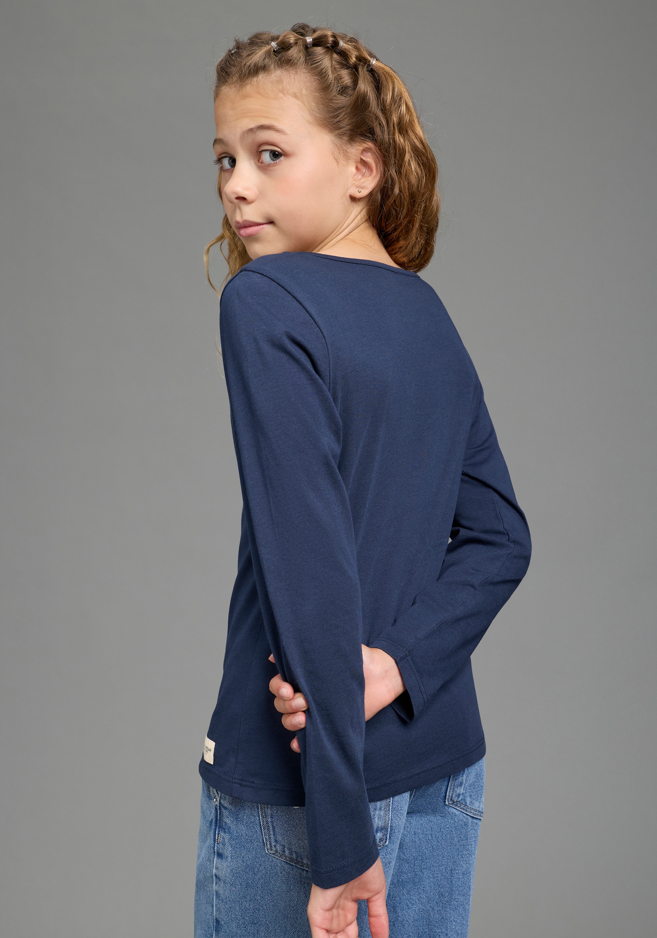 H.I.S T-shirt à manches longues »Shirt mit kleiner Deko-Schleife« coupe basique longueur hanches, manches longues, style mode