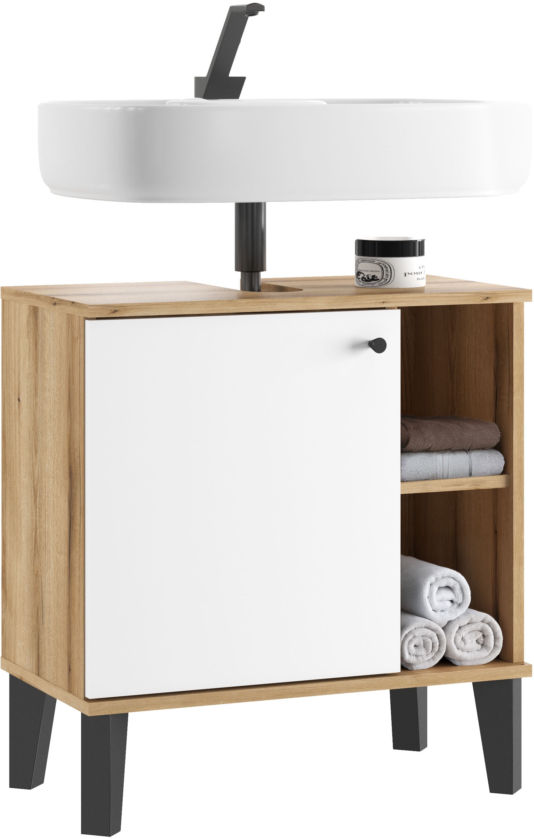 INOSIGN Armoire sous lavabo »Oslo, Waschtisch mit Knopfgriff, Badschrank im skandinavischen Design« in der Türfarbe Weiss oder Grau verfügbar, ausreichend Stauraum