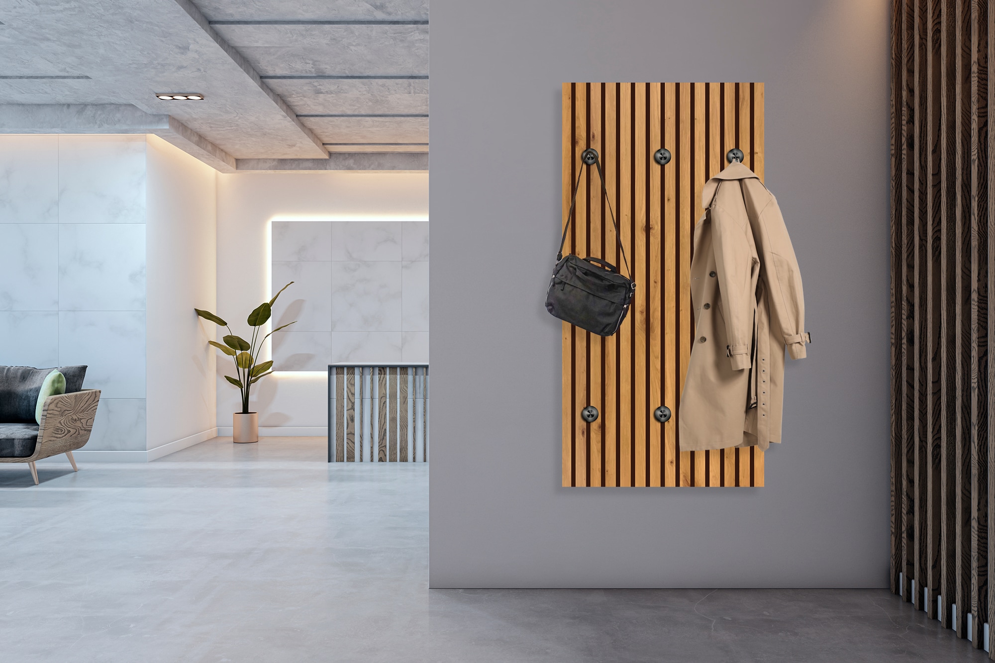 queence Porte-manteau mural »Paneel Holz Optik« 1 cuis tlg. panneau mural en plexiglas incluant 6 crochets en acier inoxydable noir mat