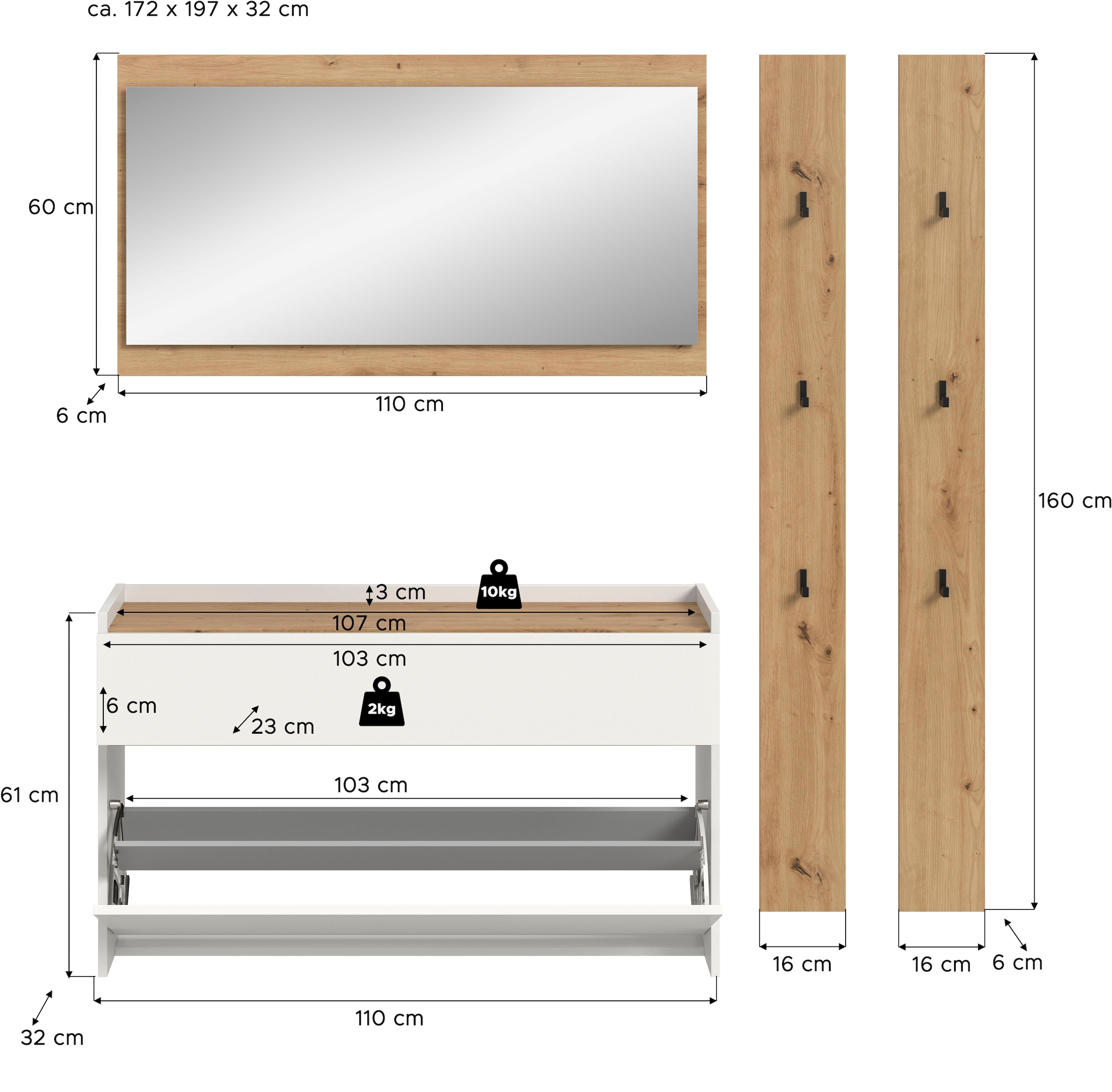 Home affaire Garderoben-Set »EVRID, 4-teilig, Breite 172 cm, individuell hängbar & erweiterbar« best. aus: Kommode, Spiegel & 2x Hakenleiste, 4 Stk. tlg.