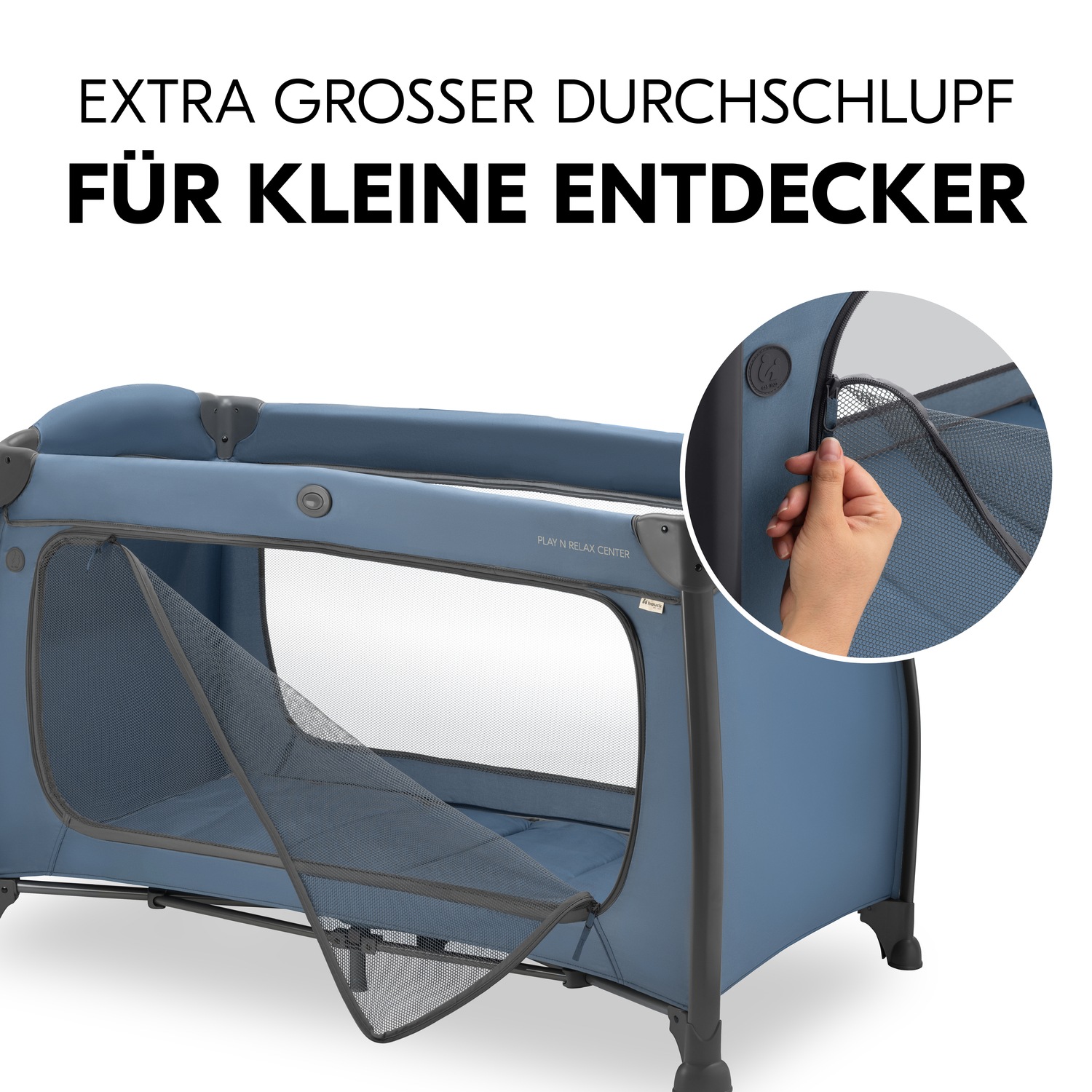 Hauck Baby-Reisebett »Play N Relax Center, dark blue« inkl. Neugeboreneneinhang, Wickelmulde, Ausstieg, Räder
