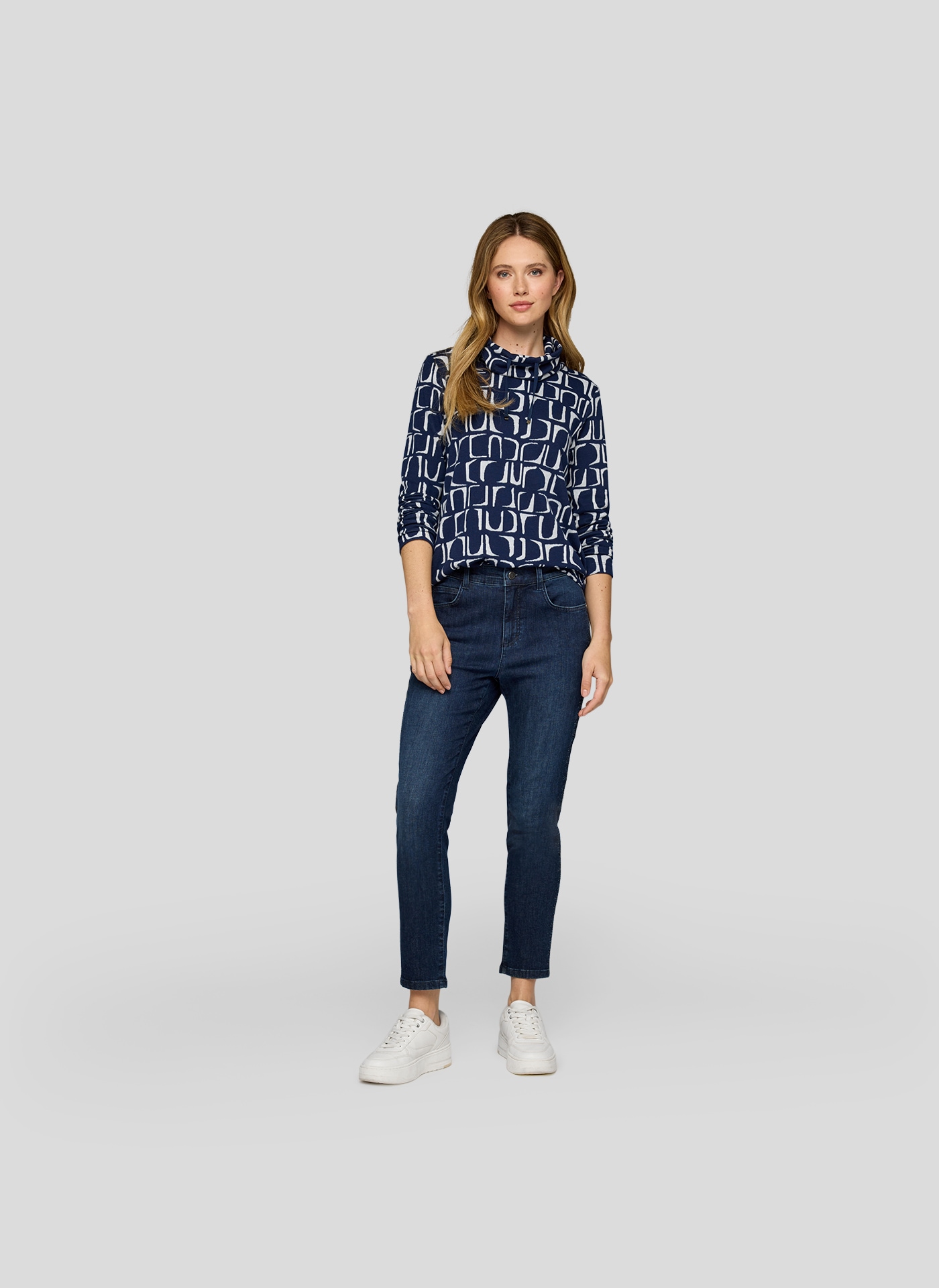 Rabe T-shirt à manches longues mit grafischem Muster und gerafftem Kragen mit Kordelzug