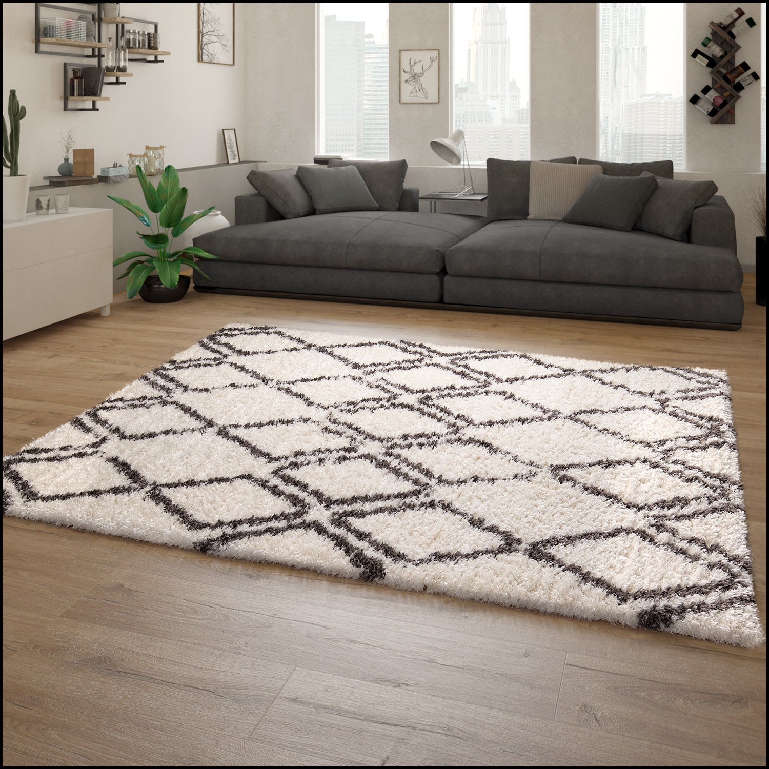 Paco Home Tapis à poils longs »Maghreb  77« Rectangulaire 44 mm Höhe modernes Rauten Design, weich und flauschig