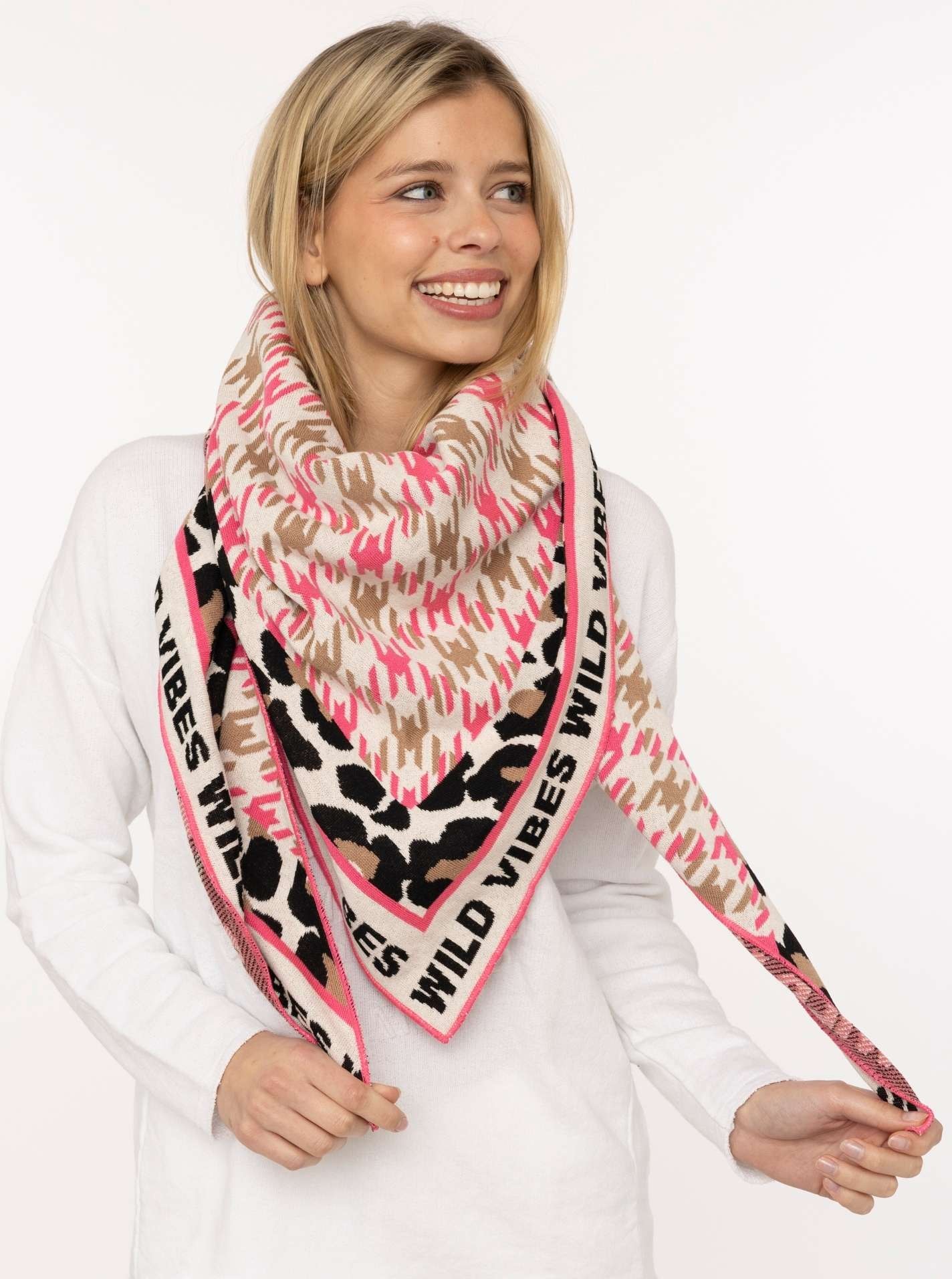 Zwillingsherz Foulard triangulaire »"Leo Hahnentritt"« mélange de motifs, léopard et pied-de-poule, inscription, foulard mode