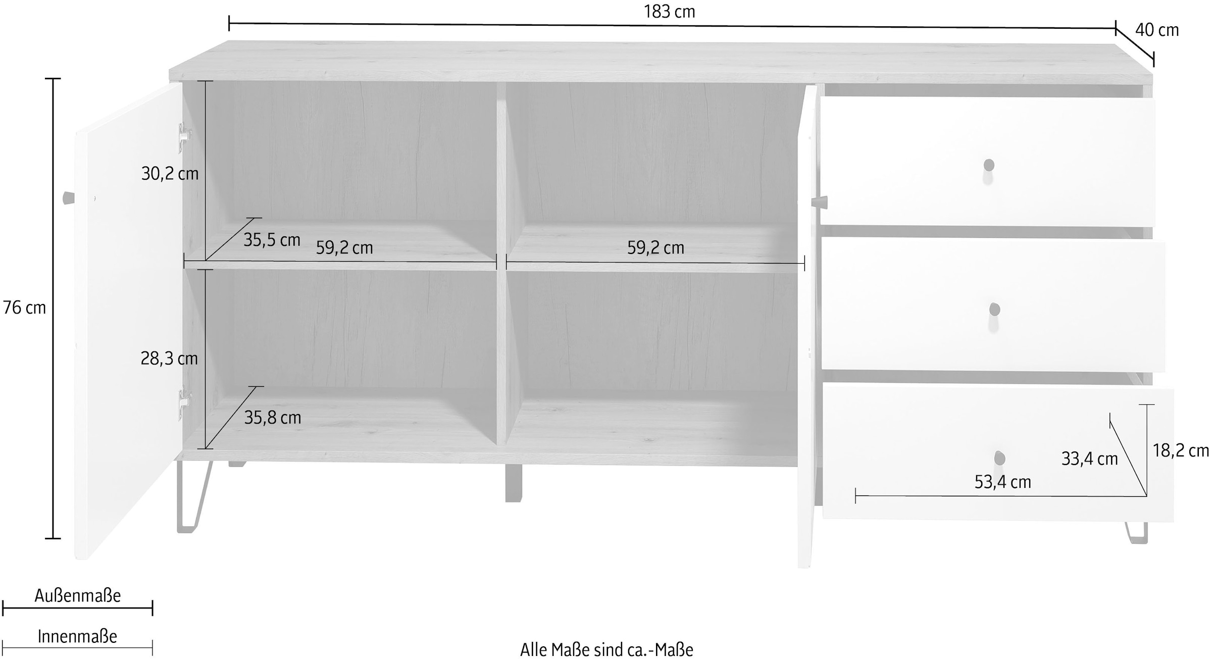 Home affaire Buffet »Tarragona« Sideboard, 2 Türen, 3 Schubkasten & Soft-Close - (B/T/H) 183/40/76 cm