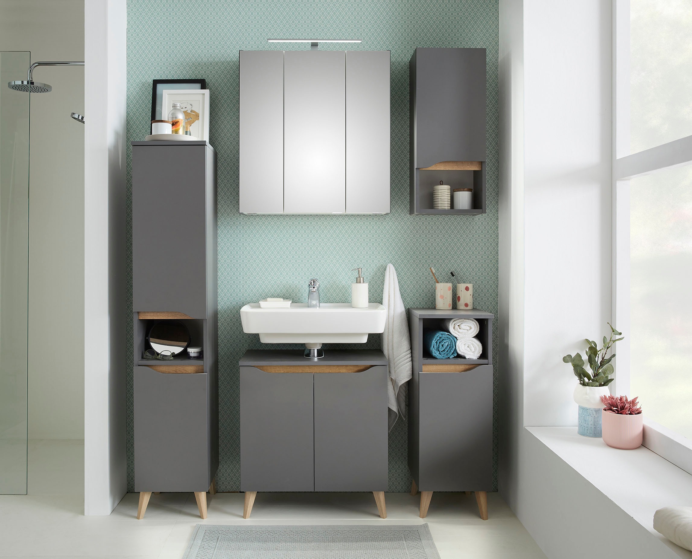 Saphir Ensemble de meubles de salle de bain »Quickset 5-teilig Waschbeckenunterschrank und LED-Spiegelschrank« 5 cuis tlg.