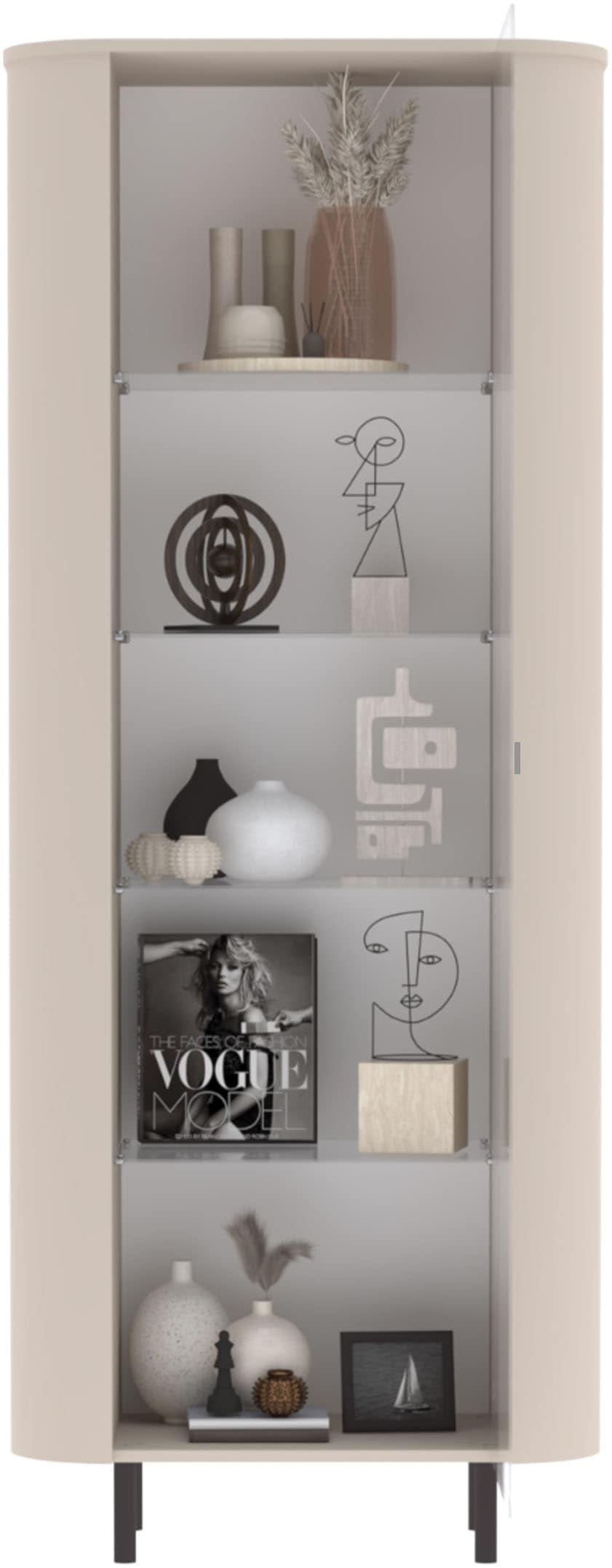 GOODproduct Vitrine »Lido, Standvitrine 200 cm hoch, 1 Tür, Glasvitrine, Vitrinenschrank« Gebogenes MDF, Stirnseiten mit Rundung, Metallfüsse, dekorativ & edel
