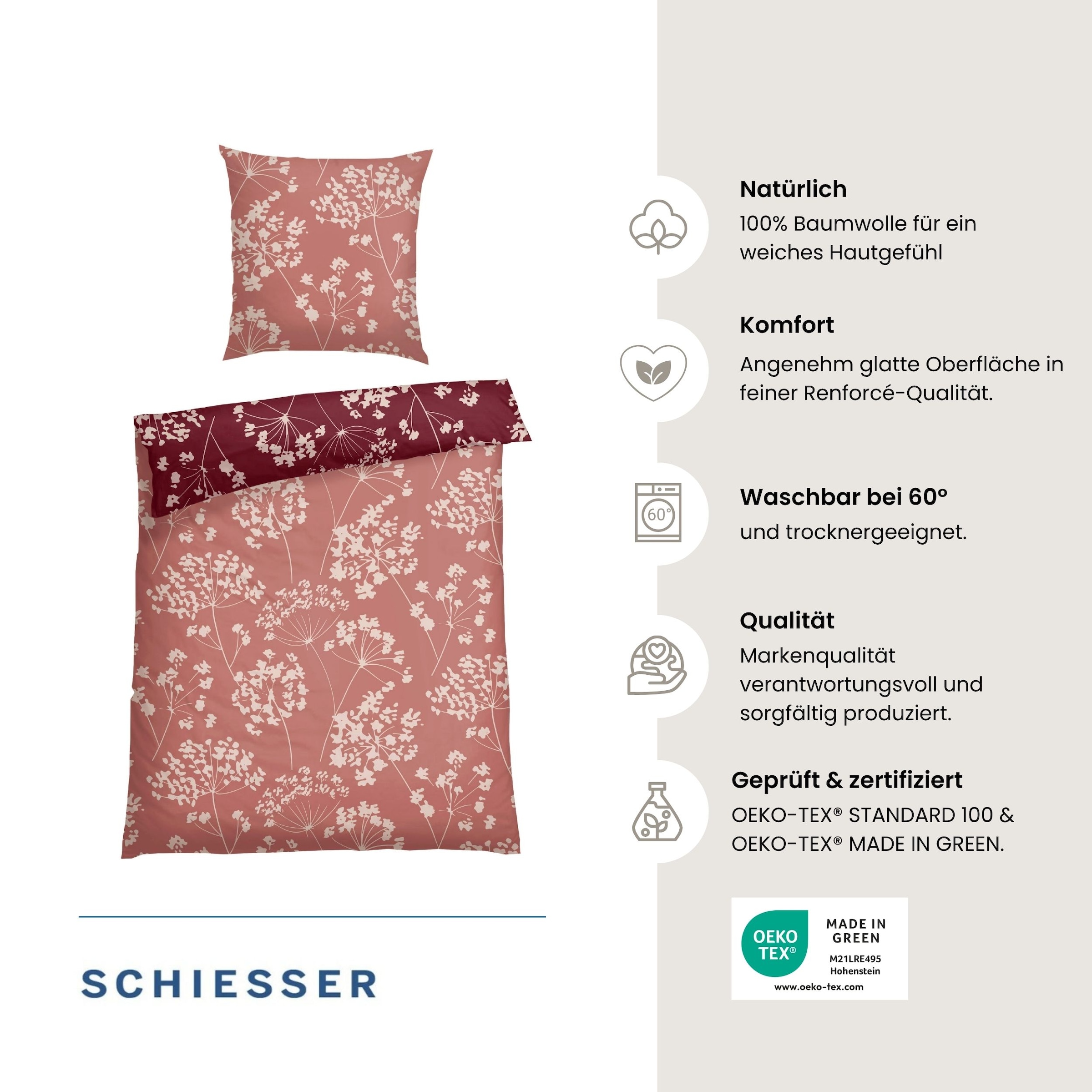Schiesser Linge de lit réversible »Alyssa aus weicher Baumwolle mit feinen Blüten bedruckt« 2 cuis Made in Green