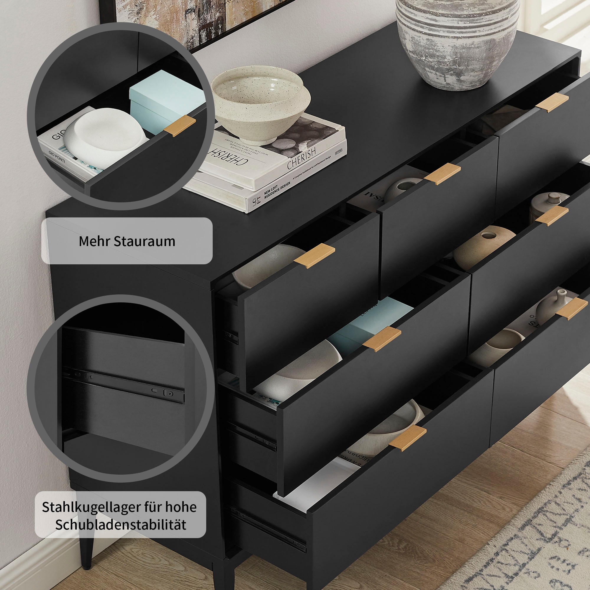 Leonique Kommode »Lavisha« FSC-zertifiziertes Holz kombiniert Melamin, verchromten Metallgriffen