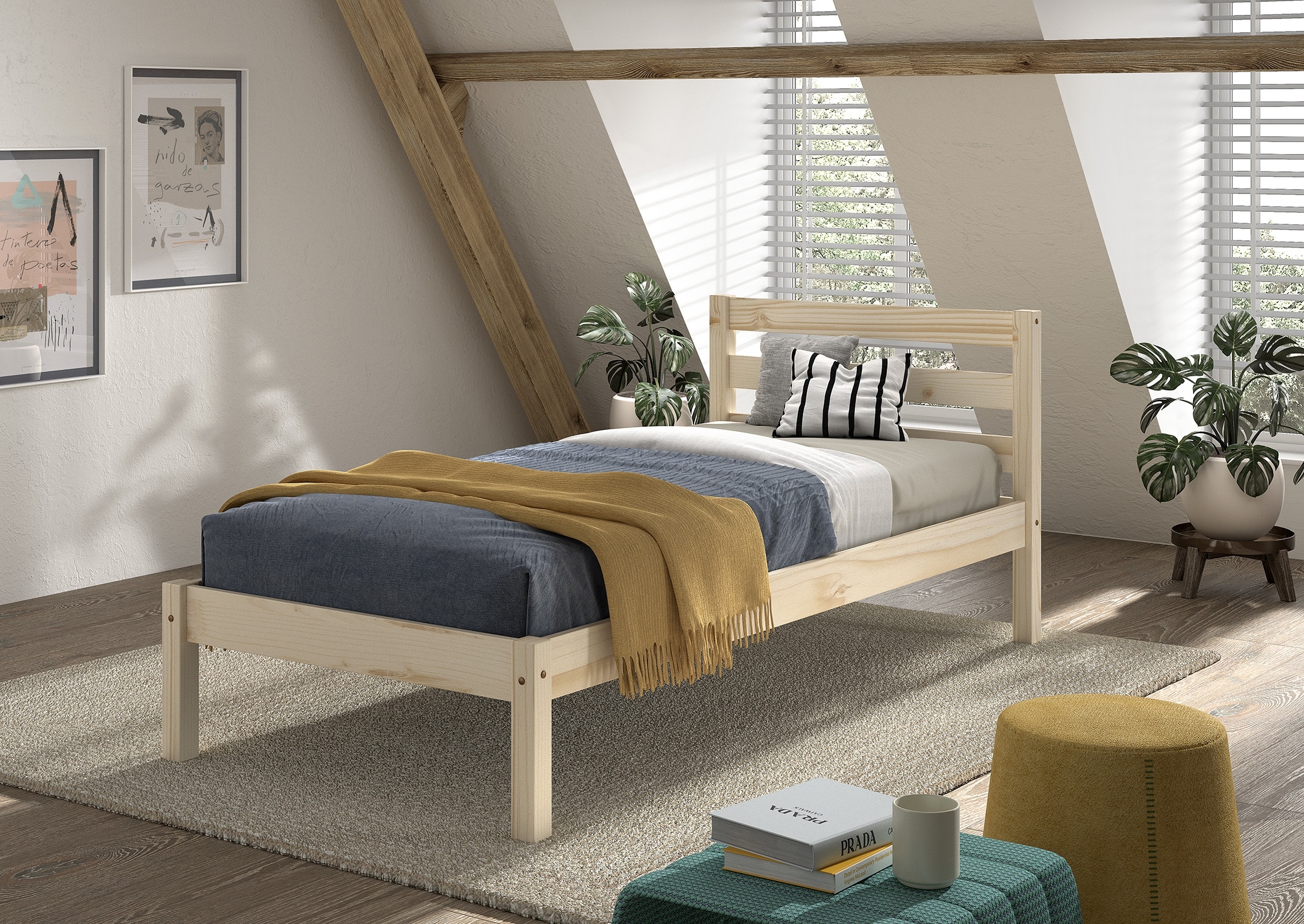 Vipack Lit en bois massif »Pino, universell einsetzbar, gradliniges Design, Made in Europe« L : 211 x H : 84,4 x P : 97,5 cm, surface de couchage 90/200 cm, construction solide,  incl. sommier à lattes, pin massif, naturel ou laqué blanc