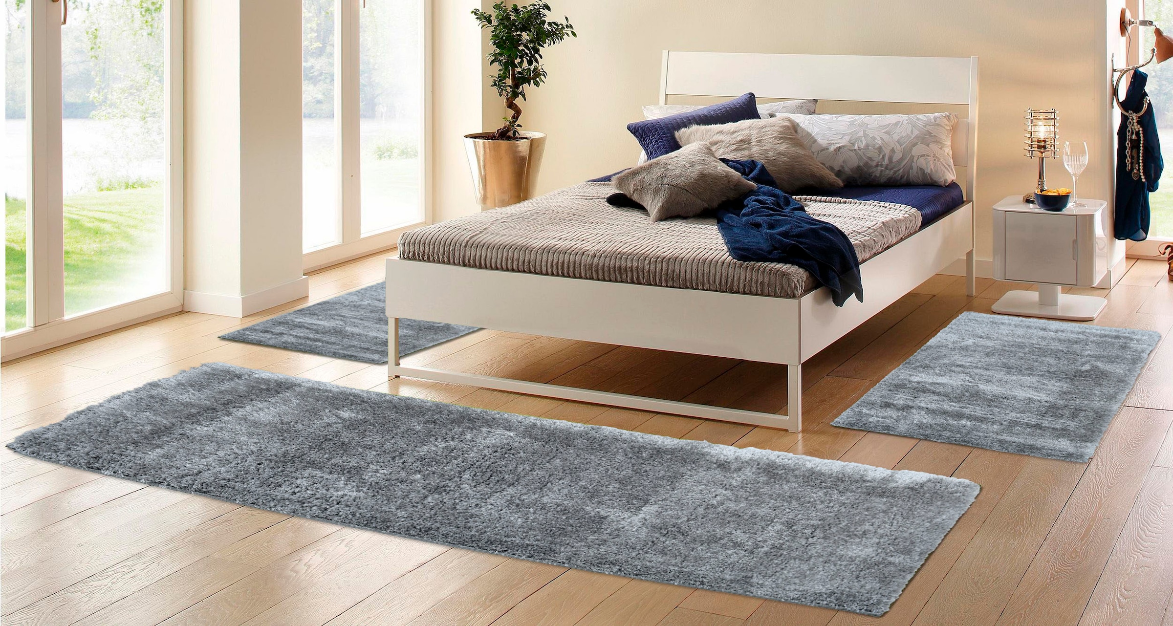 my home Bettumrandung »Malin« Höhe 43 mm 3 Stk. tlg. Hochflor, Shaggy, Uni-Farben, leichter glanz, Microfaser, Pflegeleicht