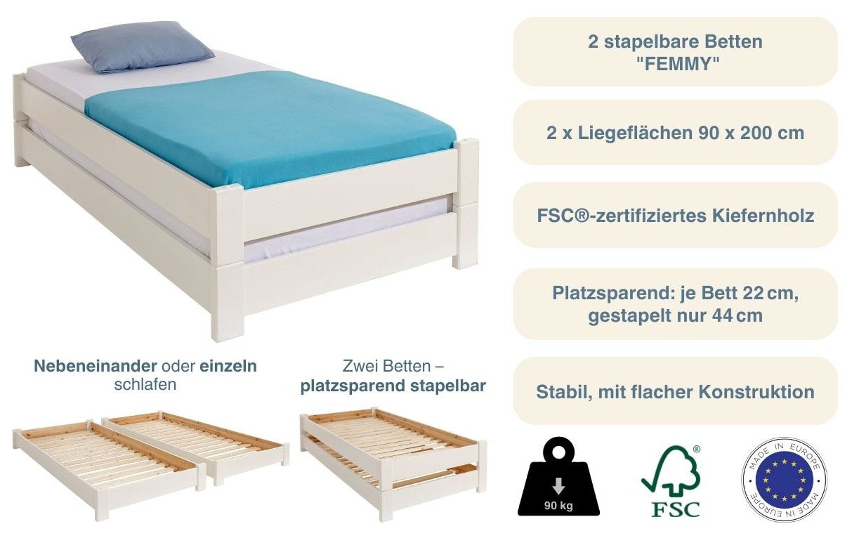 GOODproduct Stapelliege »"Femmy " 2 Betten, stapelbar, platzsparend« zertifiziertes Massivholz (Kiefer),