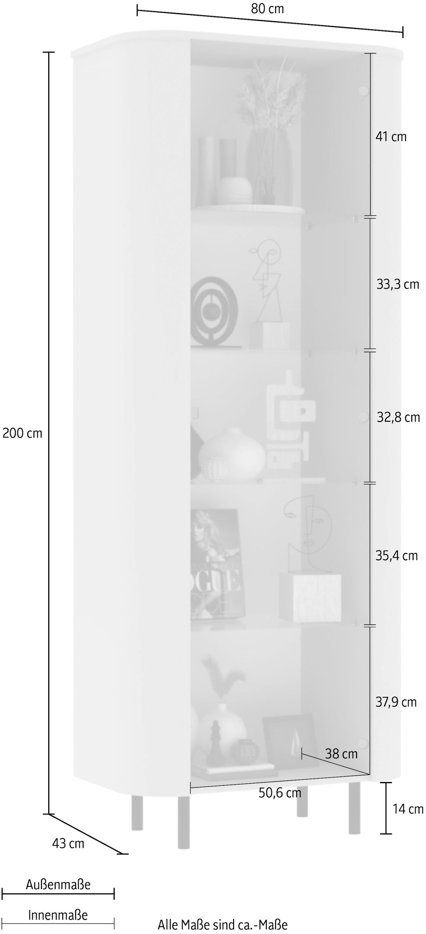 GOODproduct Vitrine »Lido, Standvitrine 200 cm hoch, 1 Tür, Glasvitrine, Vitrinenschrank« Gebogenes MDF, Stirnseiten mit Rundung, Metallfüsse, dekorativ & edel