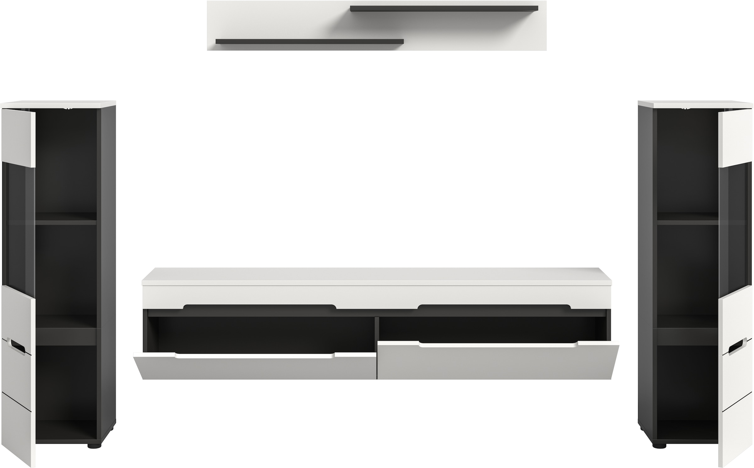 Home affaire Meuble mural »REHAT, TOPSELLER!, 4-teilig, wahlweise stehend und hängend montierbar« Set bestehend aus: 2x Vitrine, Lowboard und Wandboard, 3 cuis tlg.