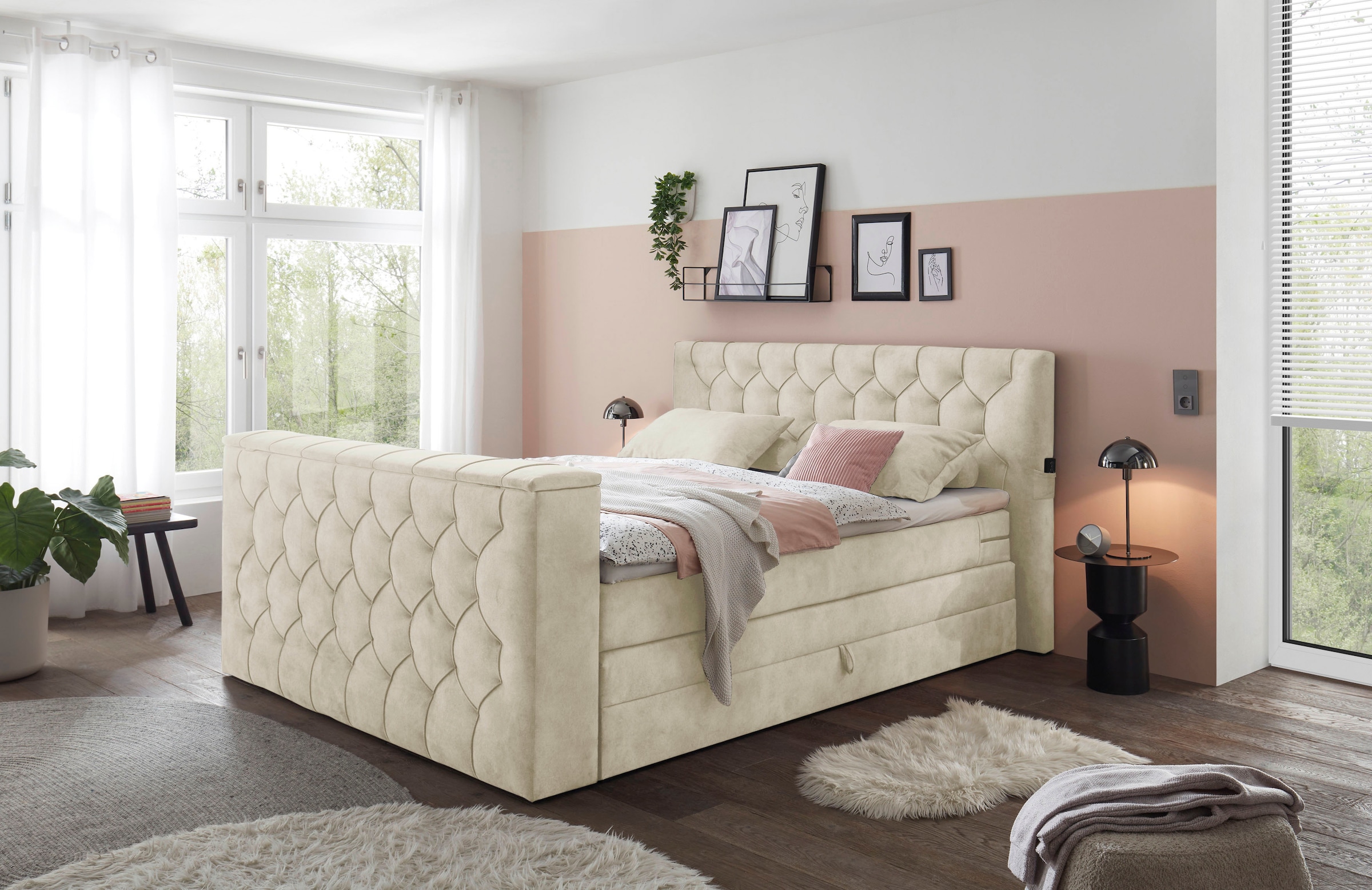 ED EXCITING DESIGN Lit boxspring »Springdale« avec coffre de lit, support TV motorisé, matelas duo (H3/H4)