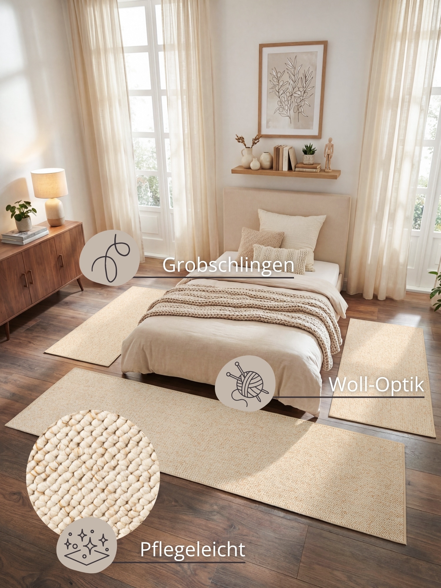 HANSE Home Bordure de lit »Wolly 2« Höhe 12 mm 3 cuis tlg. tapis de lit, set de 3 coureurs, uni, poils courts, coureur de lit