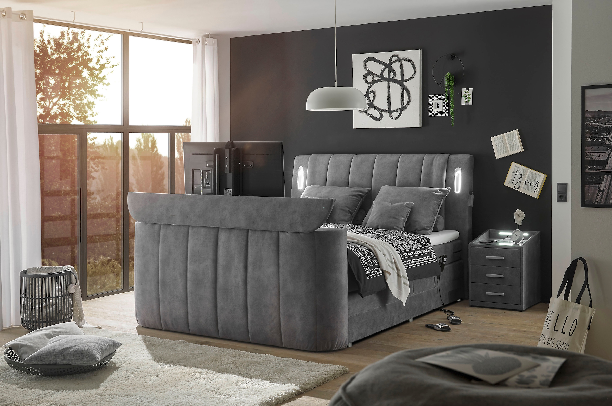 ED EXCITING DESIGN Boxspringbett »Dallas« 6 Stk. tlg. inkl. Topper, LED-Beleuchtung, motorisierter TV Halterung und Motor