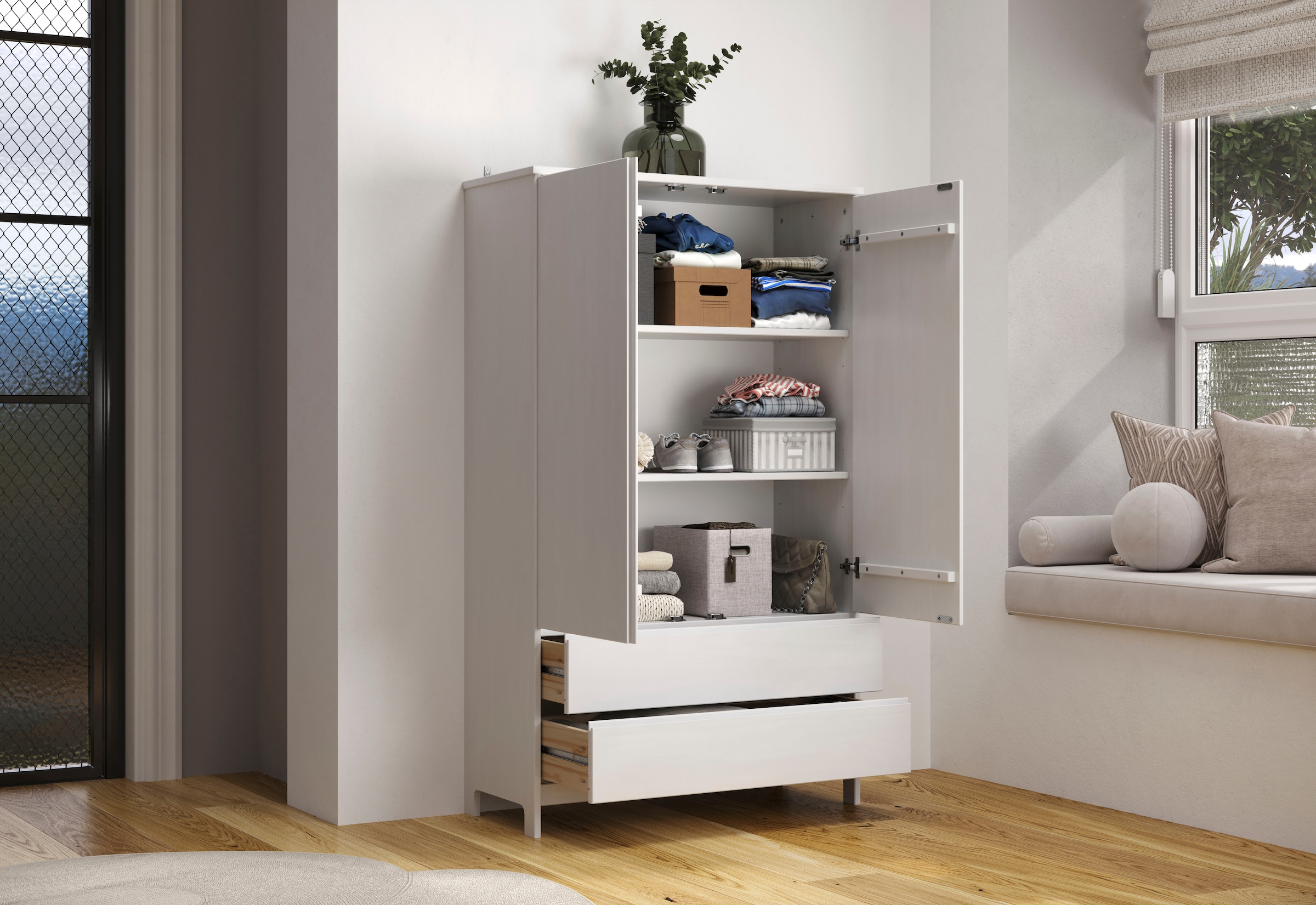 Home affaire Kleiderschrank »Aarhus« 1 Stk. tlg. Weisser, griffloser Massivholz Schrank - Mit 2 praktischen Schubladen