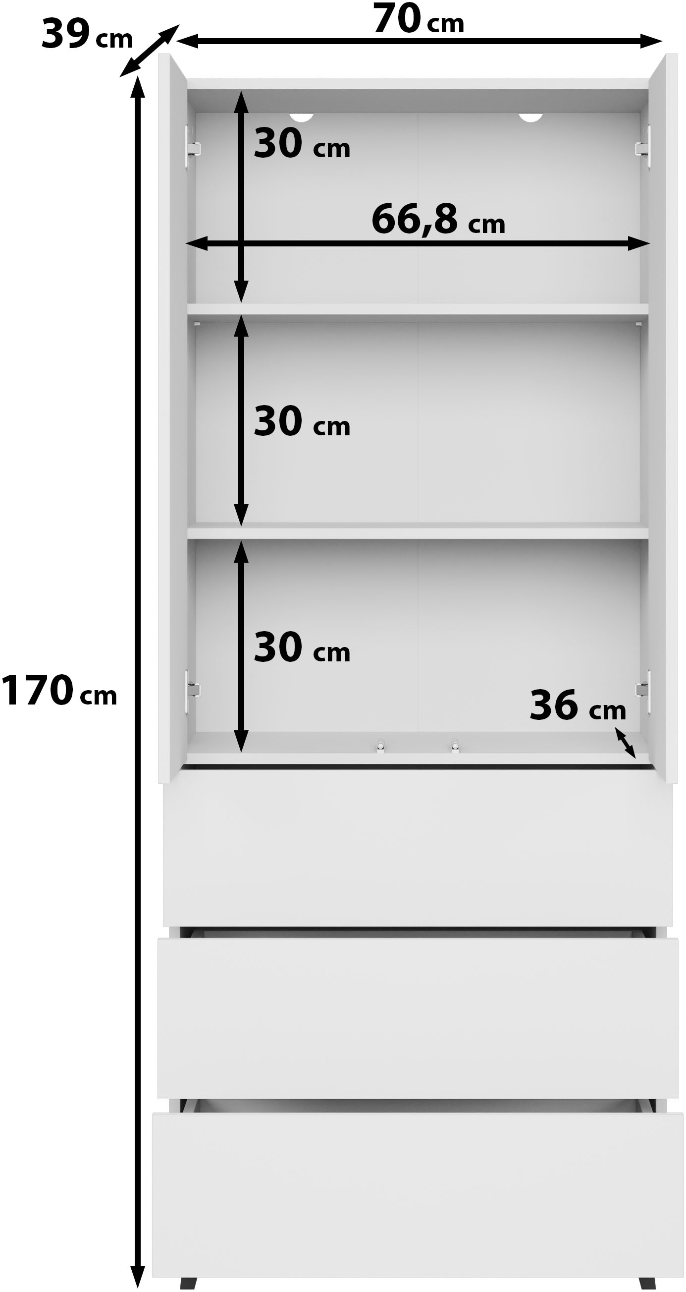Home affaire Buffet haut »Phuket Hochschrank mit 2 Türen und 3 Schubladen« 1 cuis tlg. Push-to-Open, étagères réglables et beaucoup d'espace de rangement