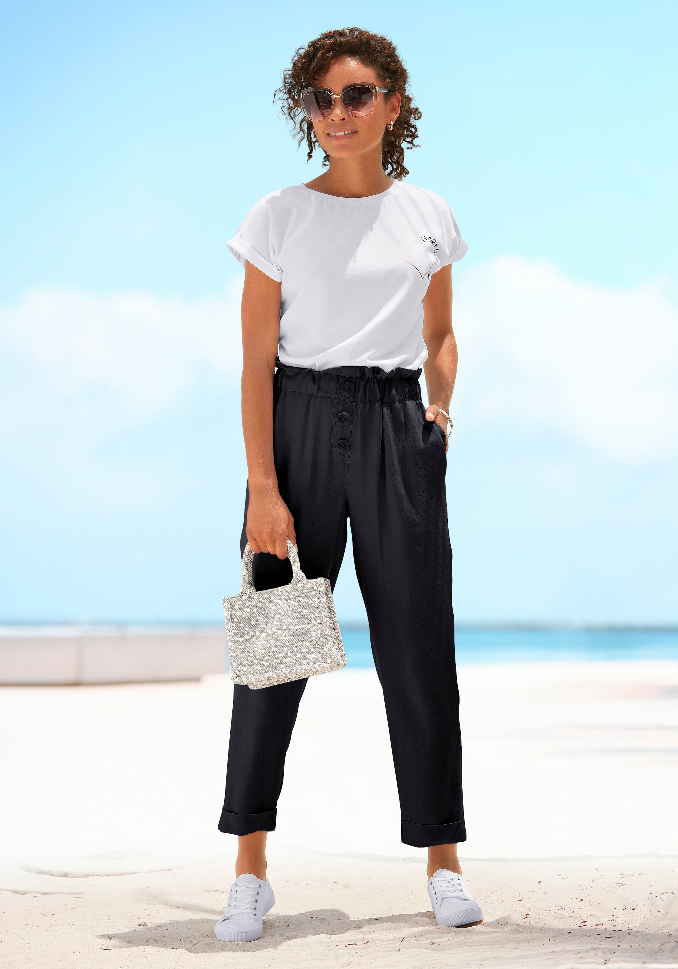 LASCANA Pantalon paperbag  mit Zierknöpfen und Elastikbund, leichte Hose, gekrempelter Hosensaum