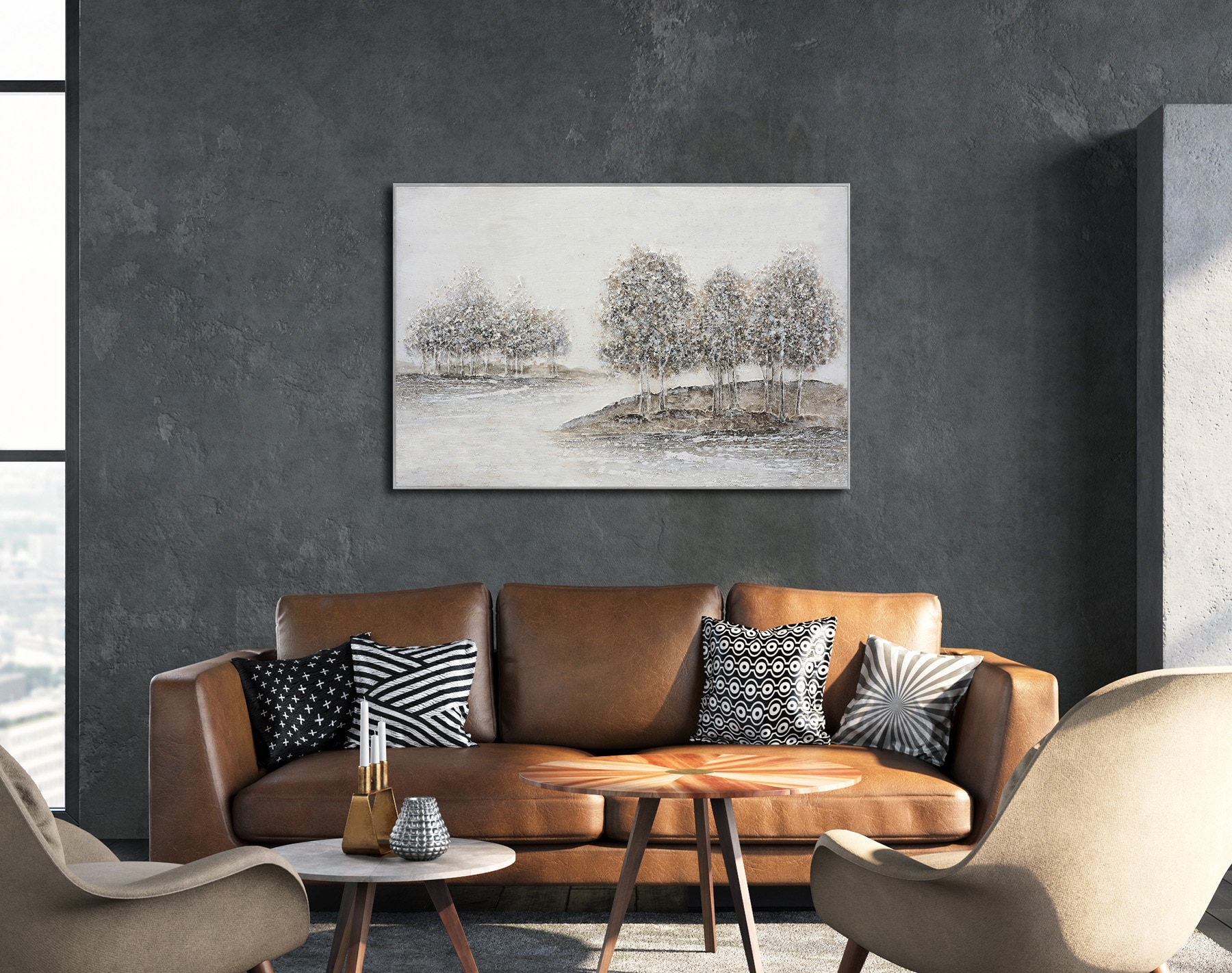 Bönninghoff Peinture à l'huile »handarbeit gerahmt BÄUME 78x118 cm – Wandbild Deko neutral« Arbre | Arbres | Paysage 1 cuis tlg. fabriqué à la main, chaque image est unique, cadre à joint creux