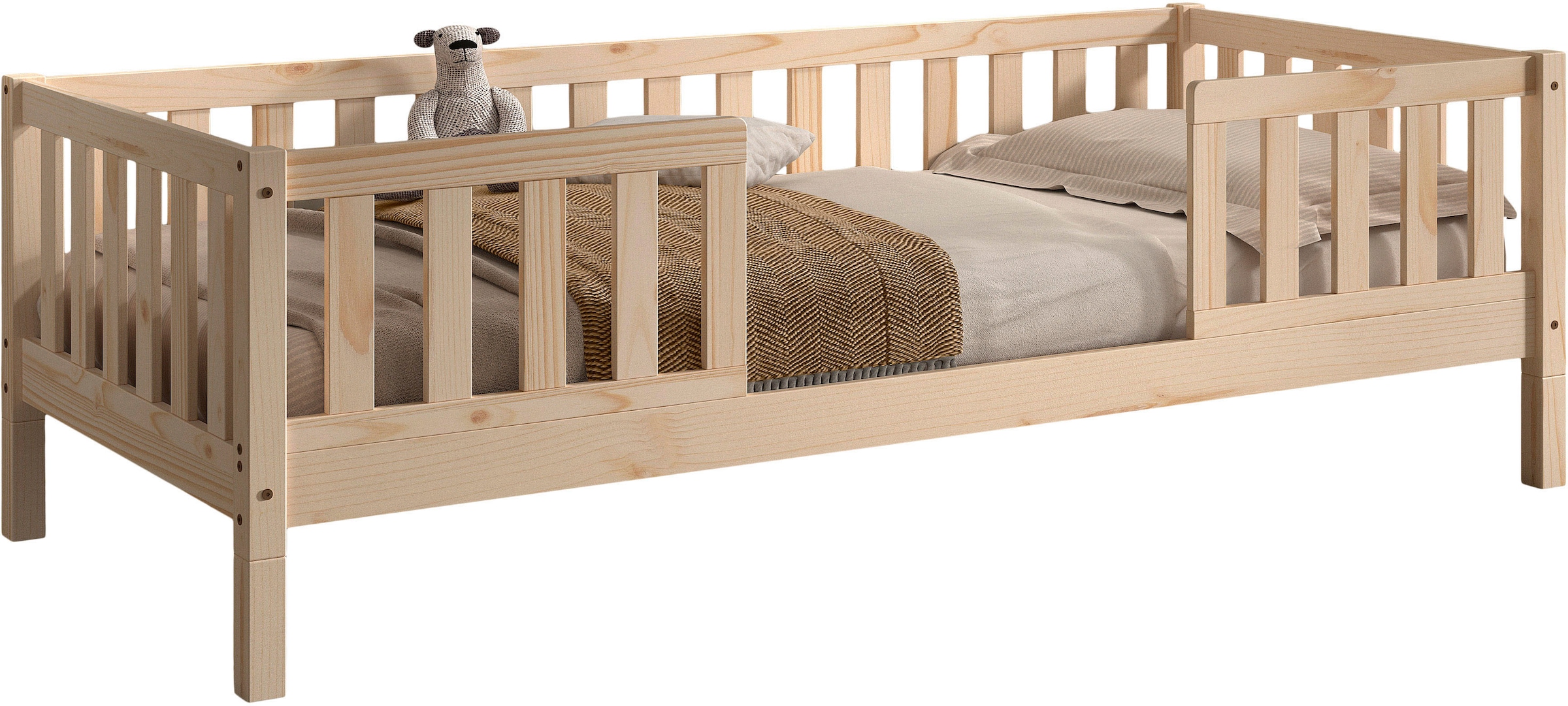 Vipack Lit d'enfant »Dallas, massiv Bett, Rausfallschutz, umbaubar vom Boden- zum Daybett« Incl. sommier à lattes roulantes et cadre à barreaux, largeur 90 ou 140x200 cm,  construction stable et solide, en pin massif naturel ou blanc au choix