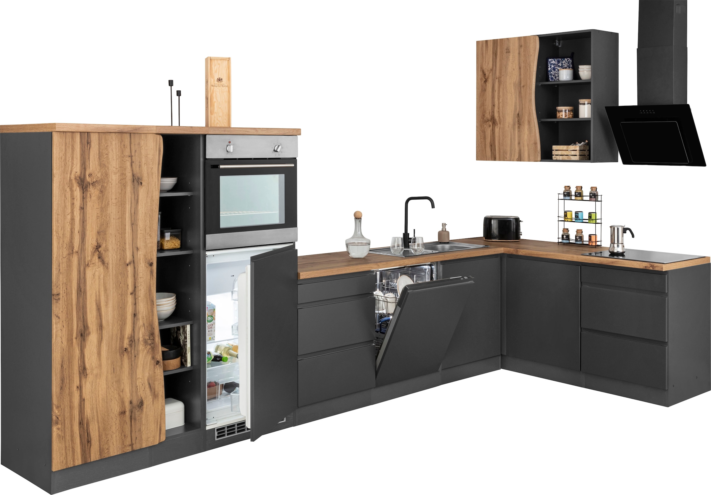 KOCHSTATION Winkelküche »KS-Bruneck« Stellbreite 380/180 cm breit, ohne E-Geräten, MDF Fronten