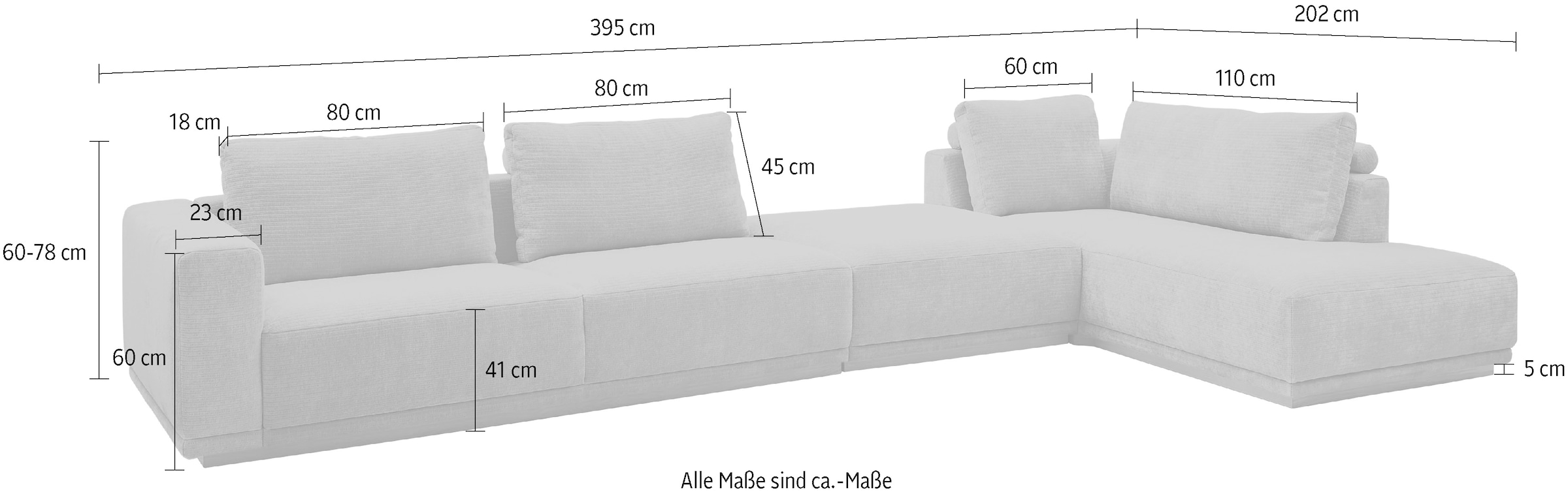 Musterring Paysage de salon »JustB! PM200 bequem, wahlw. Sitzvorzug, Breite 395cm, Holzsockel« canapé modulable accoudoir gauche, angle droit et pouf. Sans coussin d'assise