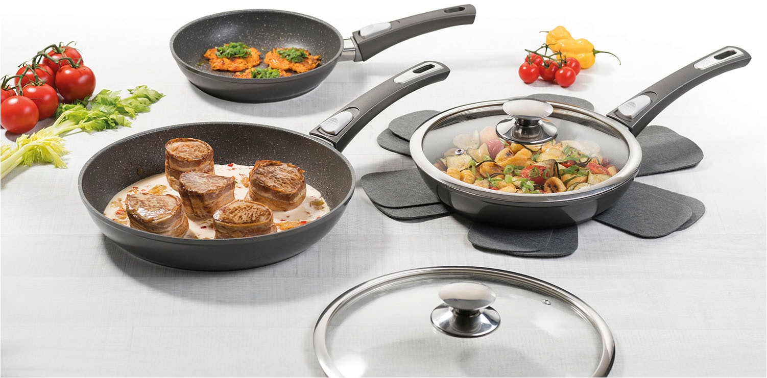 Genius Pfannen-Set »Bonafit Ø 20, 24, 28 cm, inkl. Rainbow Schwämme, Set 9-tlg.« Edelstahl 18/10 Set, Bonafit - Pfannen 20cm, 24cm, 28cm, 2x Deckel, 2x Einleger, 2x Schwamm, 9 Stk. tlg. abnehmbarer Griff, hitzebeständig, spülmaschinengeeignet