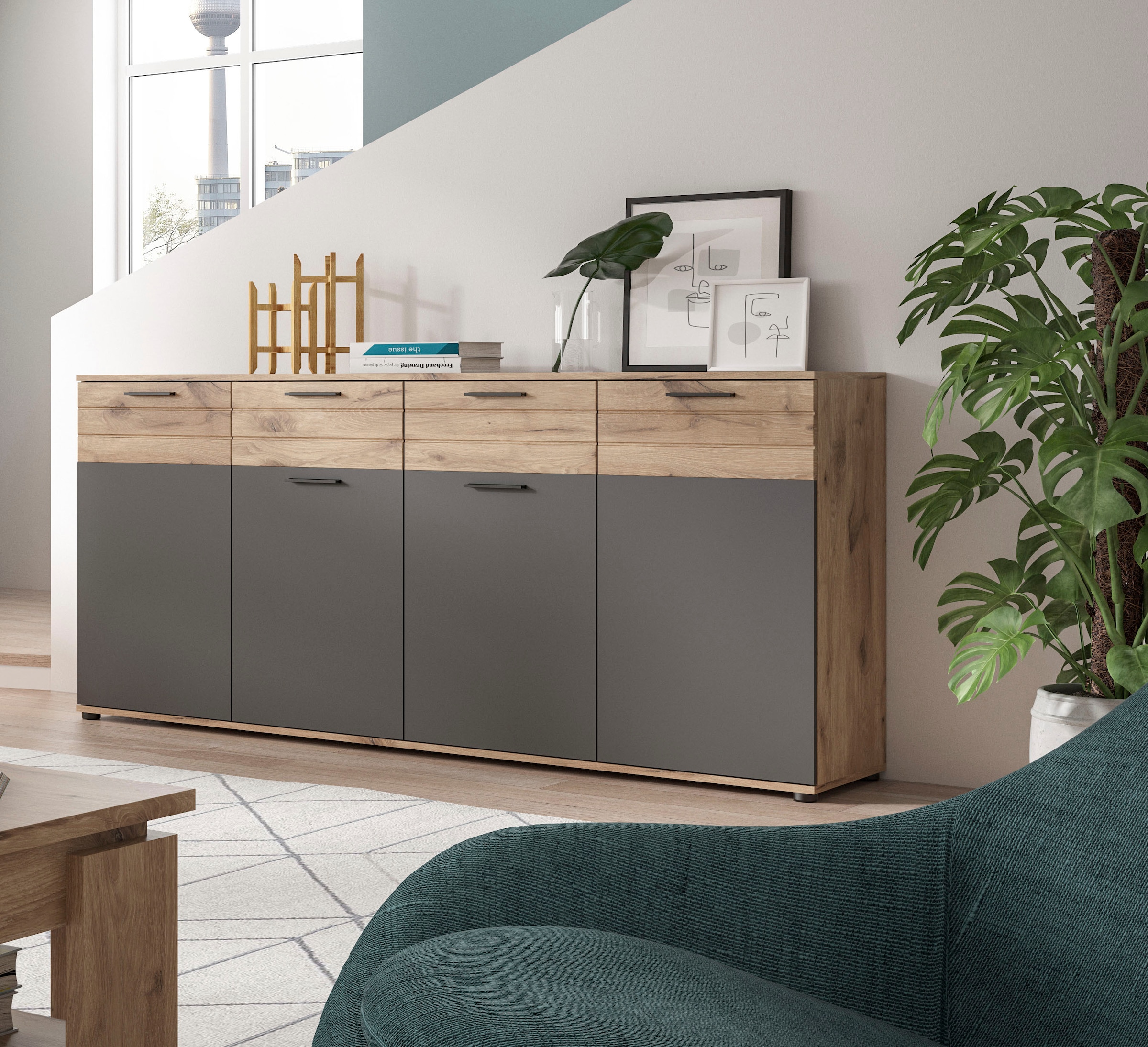 Home affaire Sideboard »Riga, Breite 180cm, 4 Türen, 2 Schubkästen, 6 Einlegeböden, 10 Fächer« hochwertige Rillenfräsung, mit Softclose, Kommode, Anrichte, Schrank