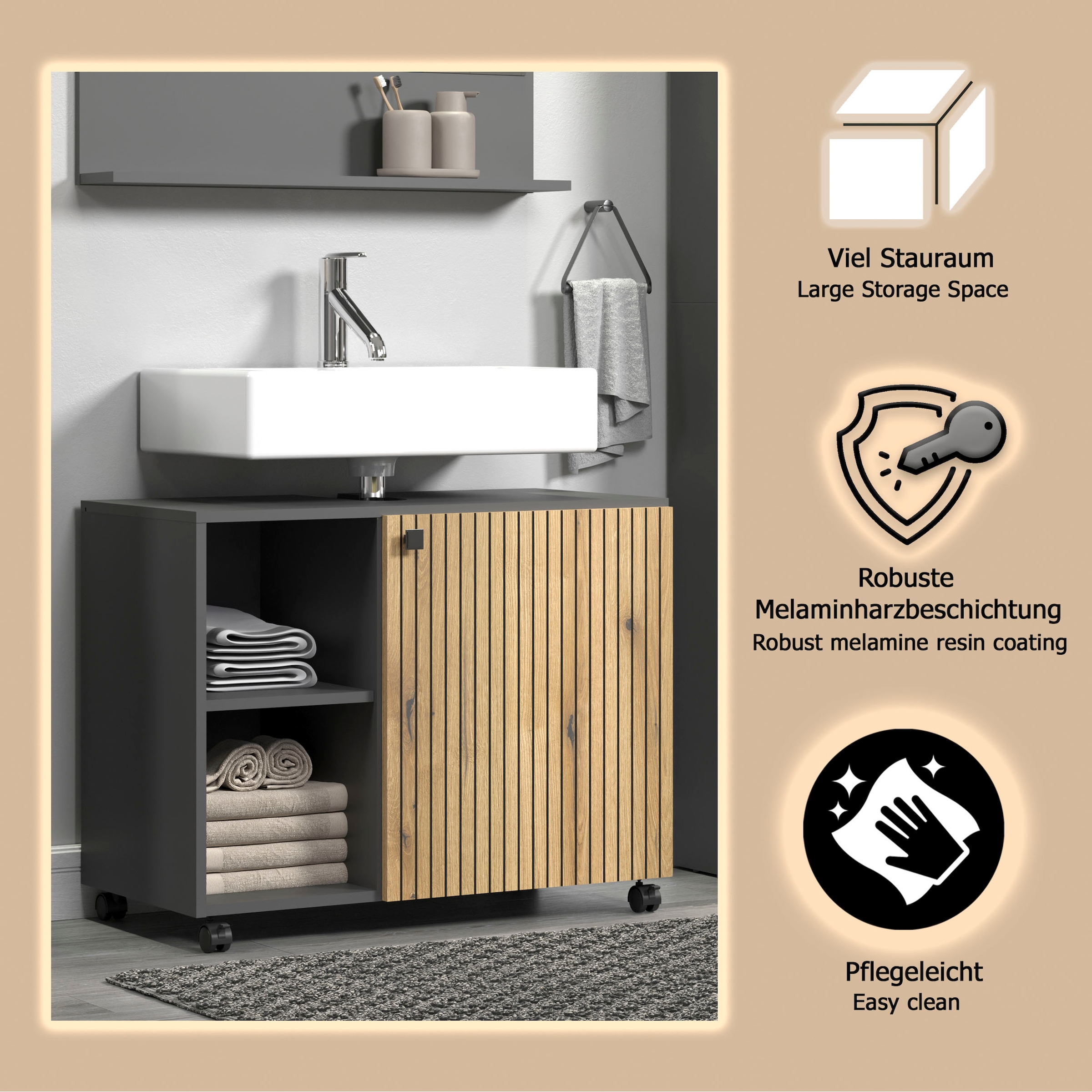welltime Waschbeckenunterschrank »Amrum« BxHxT 80 x 64 x 42cm Waschbeckenunterschrank Eiche Rillenoptik