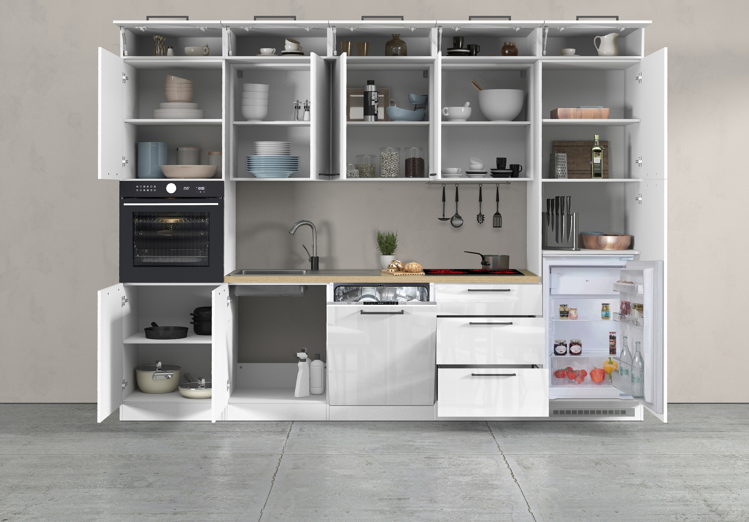 KOCHSTATION Kitchenette »Luna, Einbauküche, Zeilenküche, mit Soft-Close Funktion, Made in Italy« Breite 300 cm ohne E-Geräte, mit Spüle+Siphon und Aufsatz