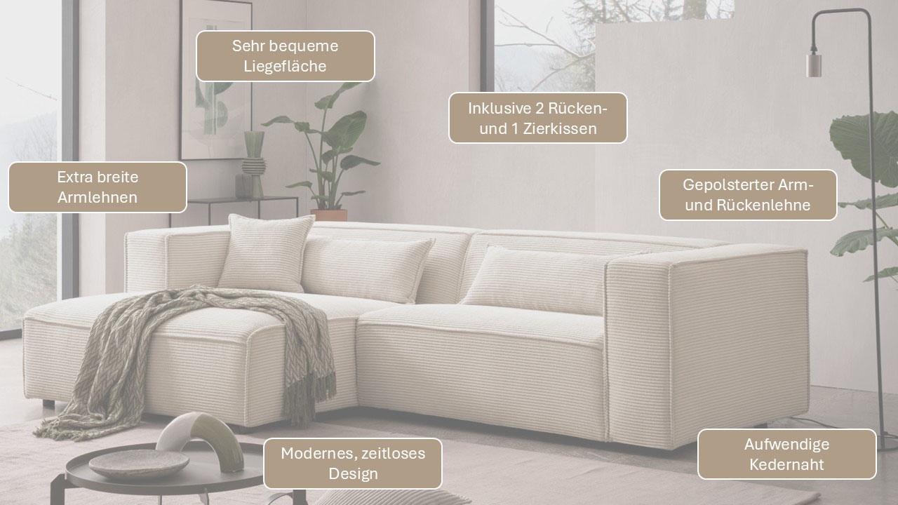 LeGer Home by Lena Gercke Canapé d'angle »PIARA mit Kedernaht, Cord, Leinenoptik o. Strukturstoff, Couch, L-Form« wahlweise Ottomane rechts/links, schwarze Füsse, bequemer Sitzkomfort