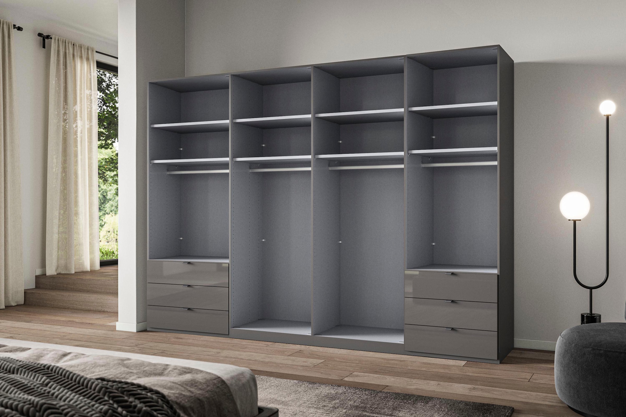 WIEMANN Falttürenschrank »Ohio, Kleiderschrank, Schrank, Garderobe, mit Schubladen, 300 cm« inklusive Einlegeböden & Kleiderstangen, 2 Höhen, MADE IN GERMANY,  inklusive Tür und Schubkastendämpfung, hochwertige Glasfront