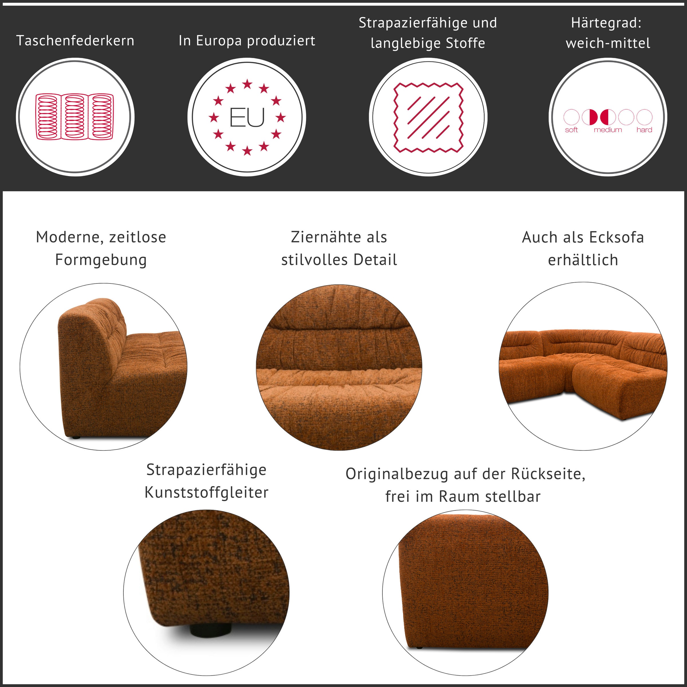 DOMO collection Canapé Big »Solum, Retro Design, 204 cm breit, runde Form, grosszügiger Polsterung,« avec ressorts