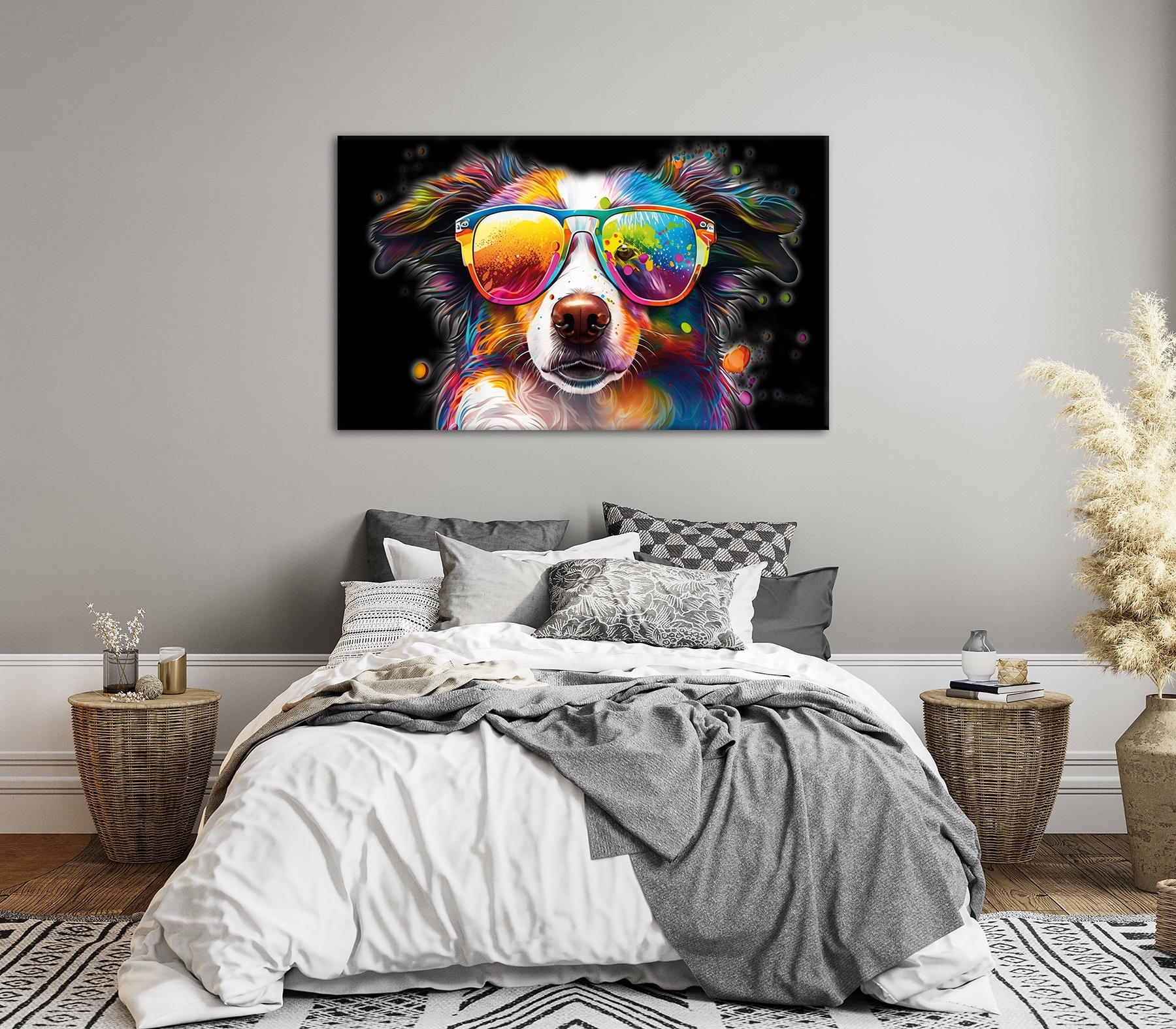 Bönninghoff Tableau sur toile »Wandbild BUNTER HUND XXL 90x150 cm – Leinwandbild Keilrahmen Deko« Images de chiens 1 cuis tlg. tendu sur châssis