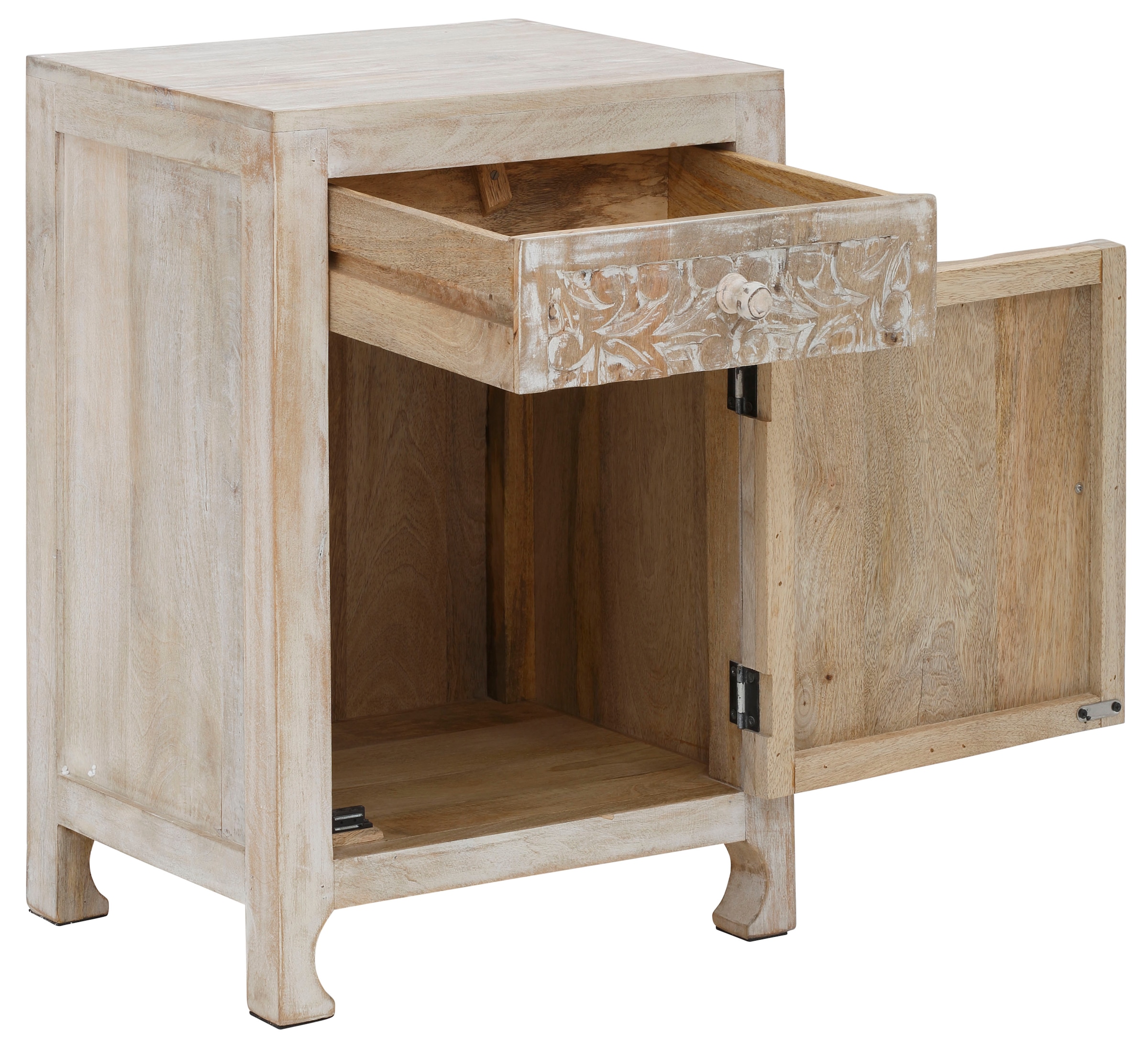 GOODproduct Nachtkommode »Bonstetten« pflegeleichtes Mangoholz, mit dekorativen Schnitzereien, Breite 50 cm