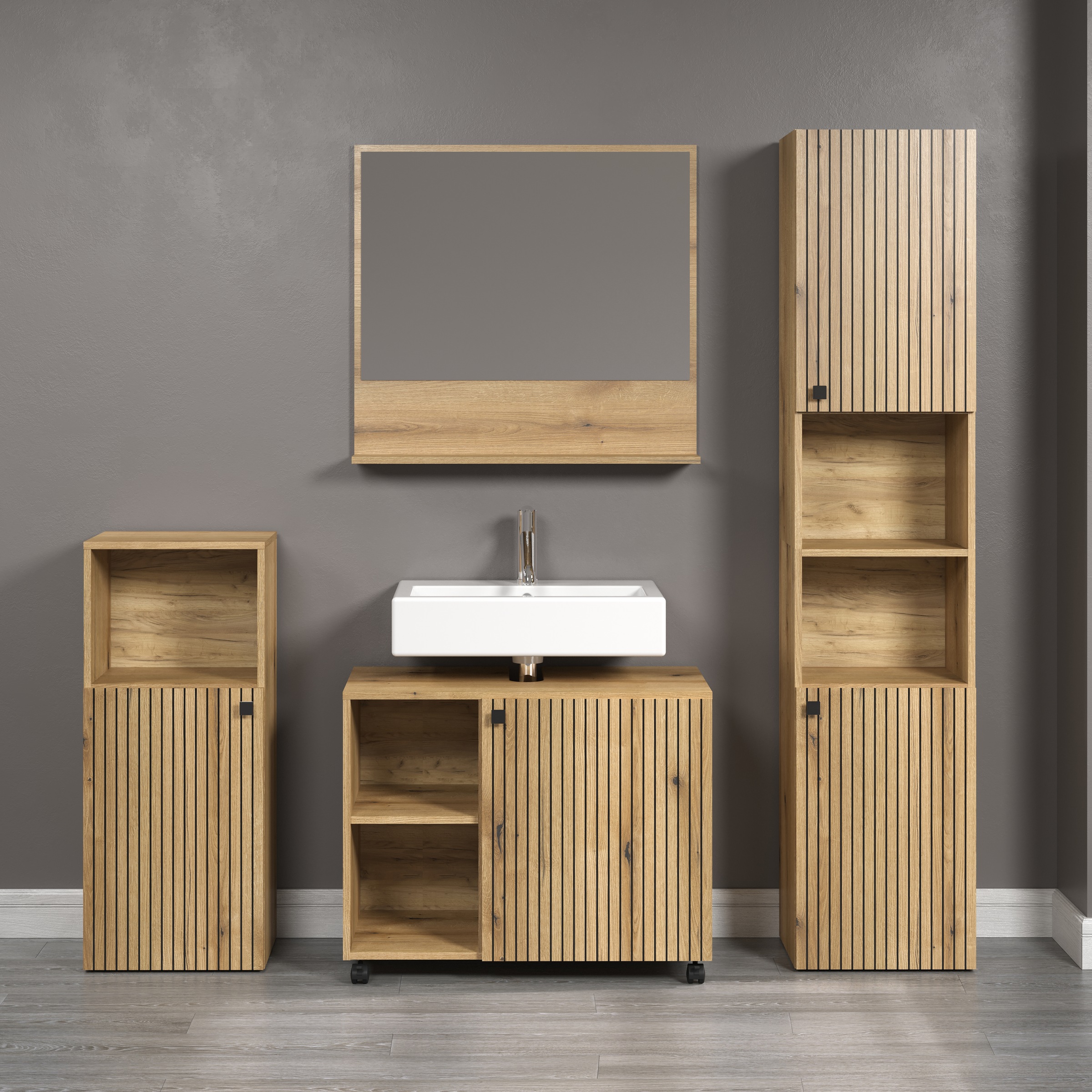 welltime Badmöbel-Set »Amrum Waschbeckenunterschrank Spiegel Hochschrank Badschrank« Komplett-Set, 4 Stk. tlg.