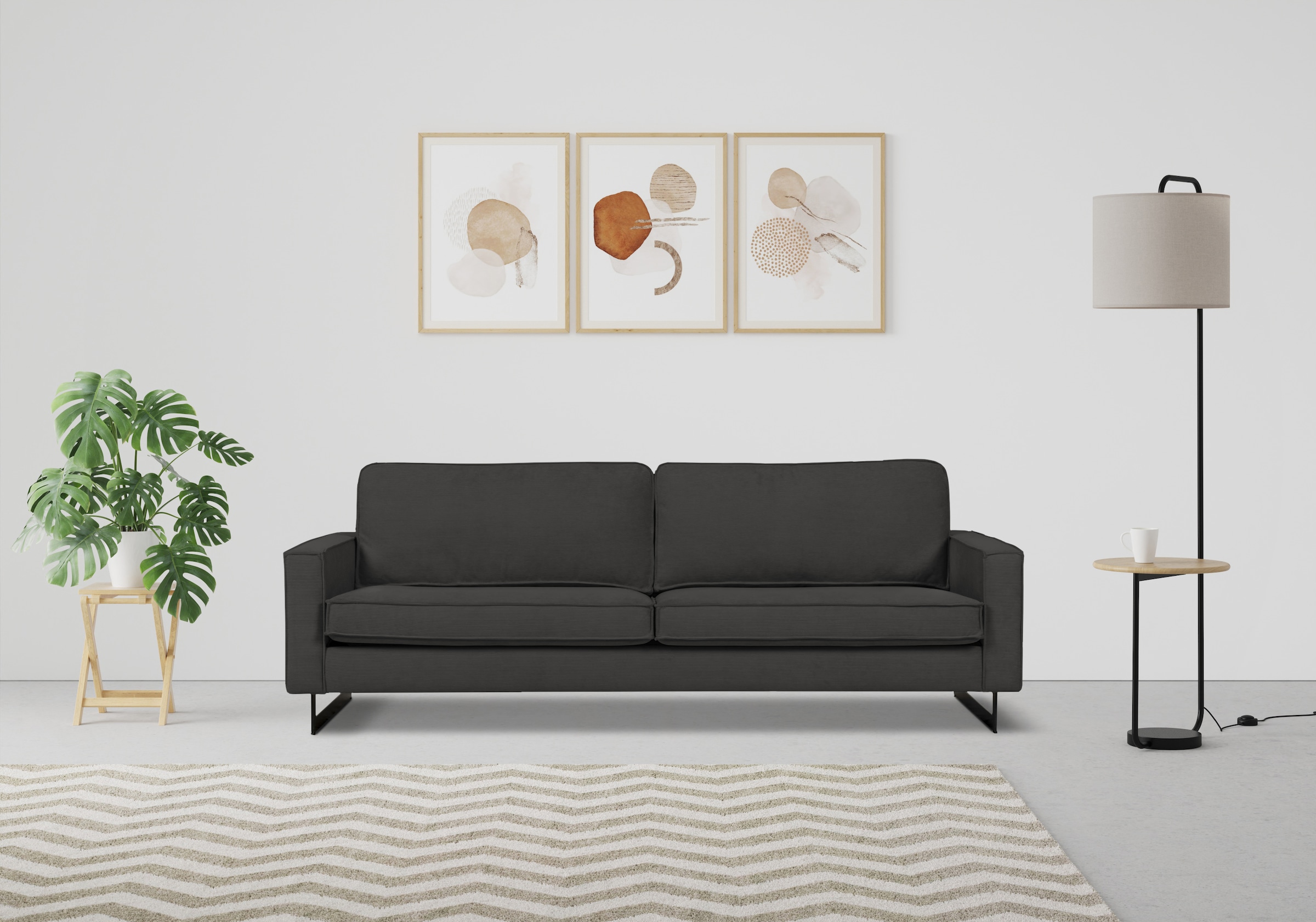 Home affaire 3-places »Maxi-Ausführung Pinto, 236 cm, Cord, Chenille, Lederoptik« avec jonc, pieds métalliques noirs, suspension à ressorts ondulés