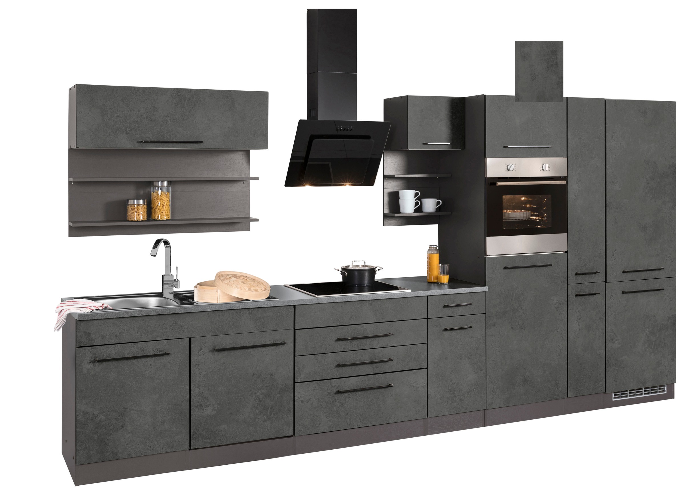 KOCHSTATION Küchenzeile »KS-Tulsa« ohne E-Geräte, Breite 380 cm, schwarze Metallgriffe, MDF Fronten