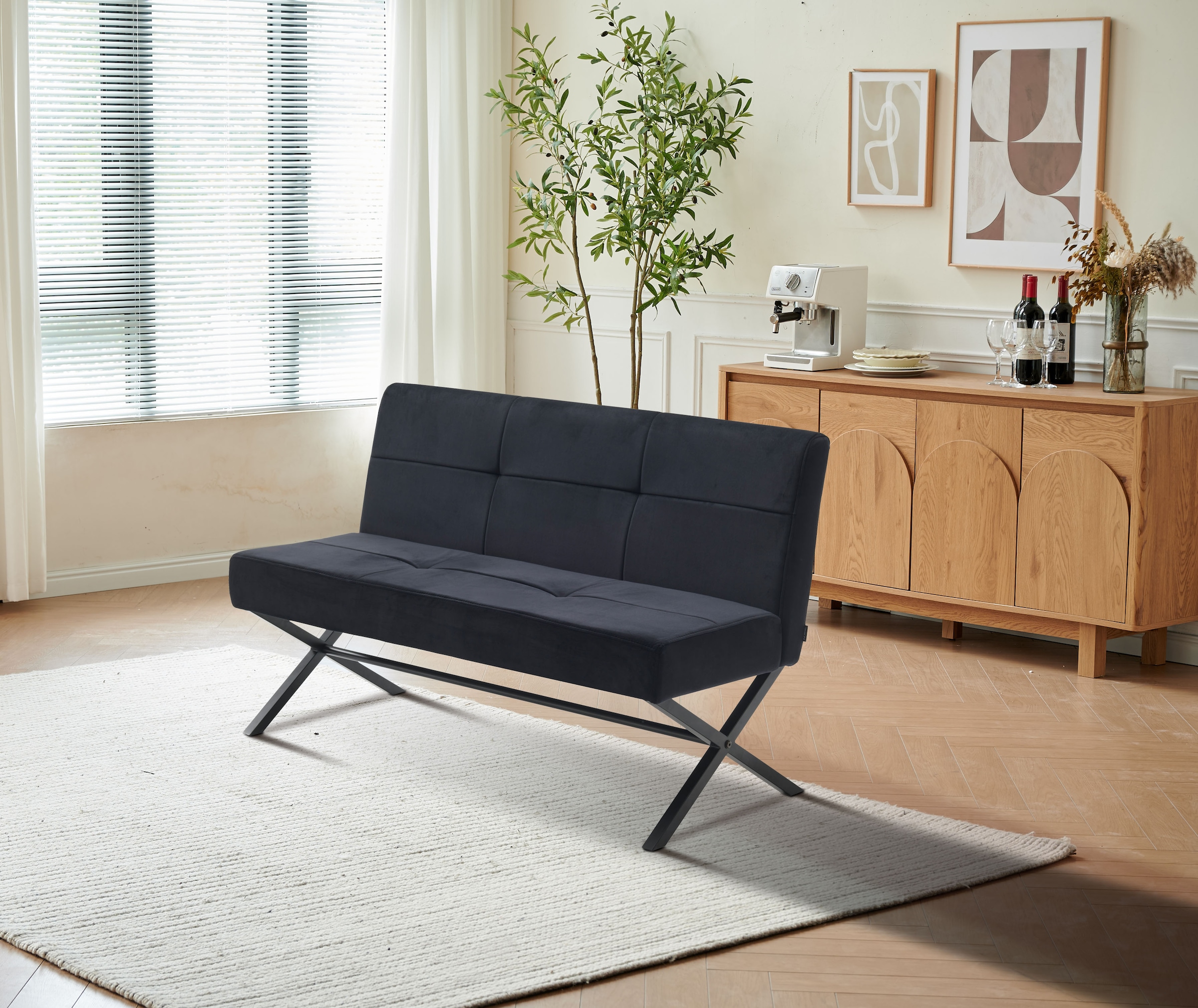 GOODproduct Banc rembourré »Narzisse« Banquette de salle à manger, banc, banquette,  Structure en X en métal noir, velours facile d'entretien, 140 cm