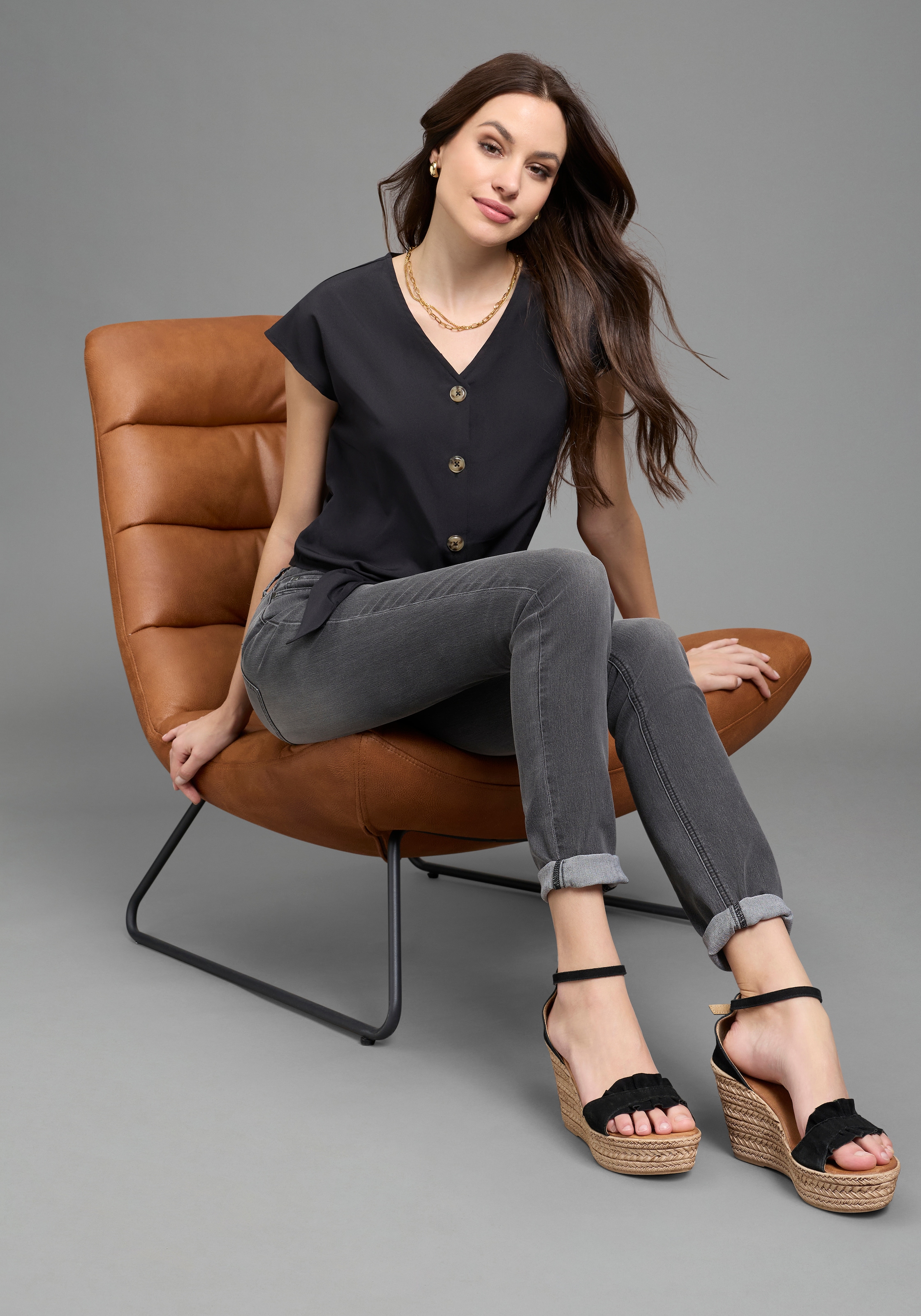 Laura Scott Blouse à manches courtes femininer Stil, mit Knöpfen, aus Polyester, bedruckt