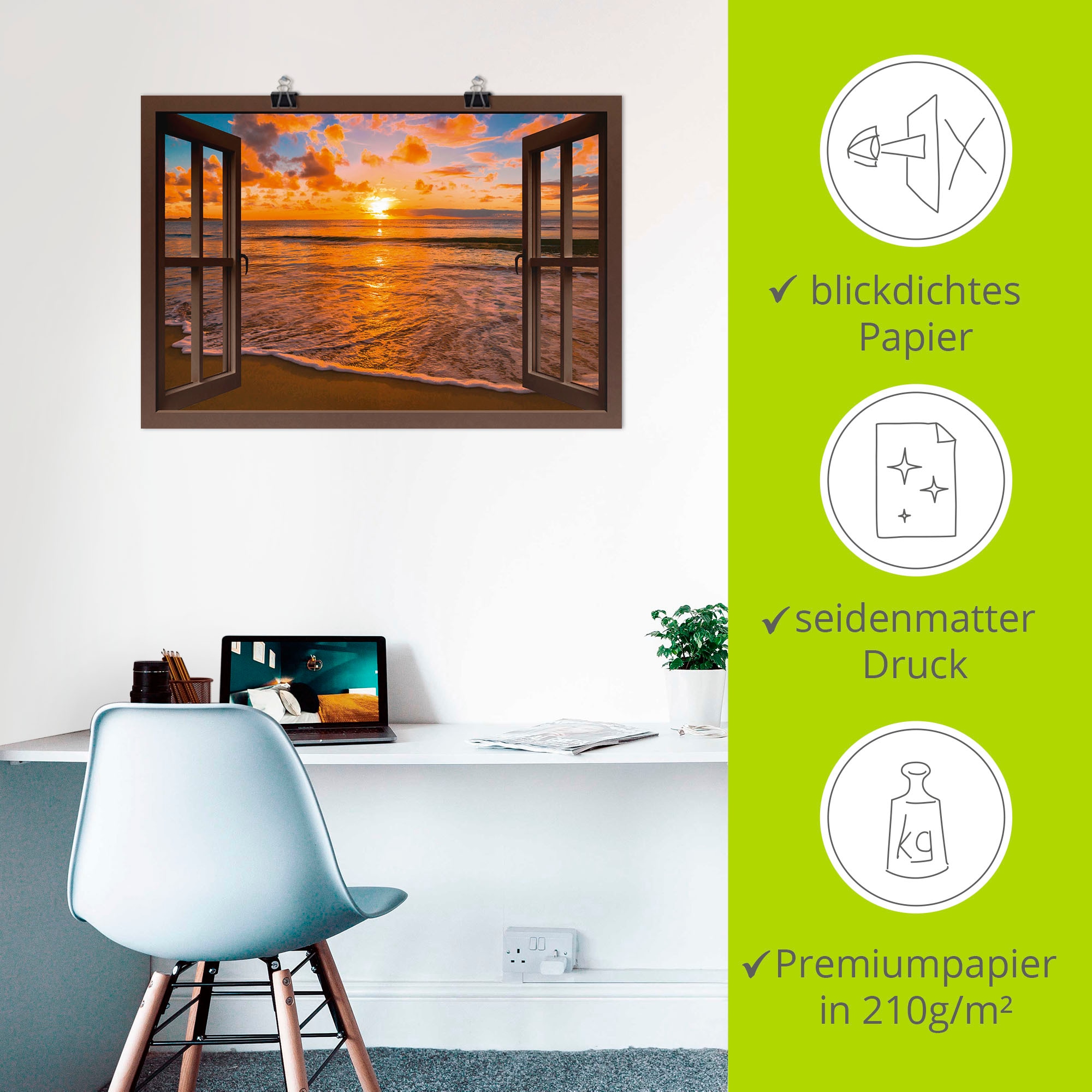 Artland Fresque murale »Fensterblick Sonnenuntergang am Strand« 1 cuis tlg. als Leinwandbild, Poster, Wandaufkleber in verschied. Grössen