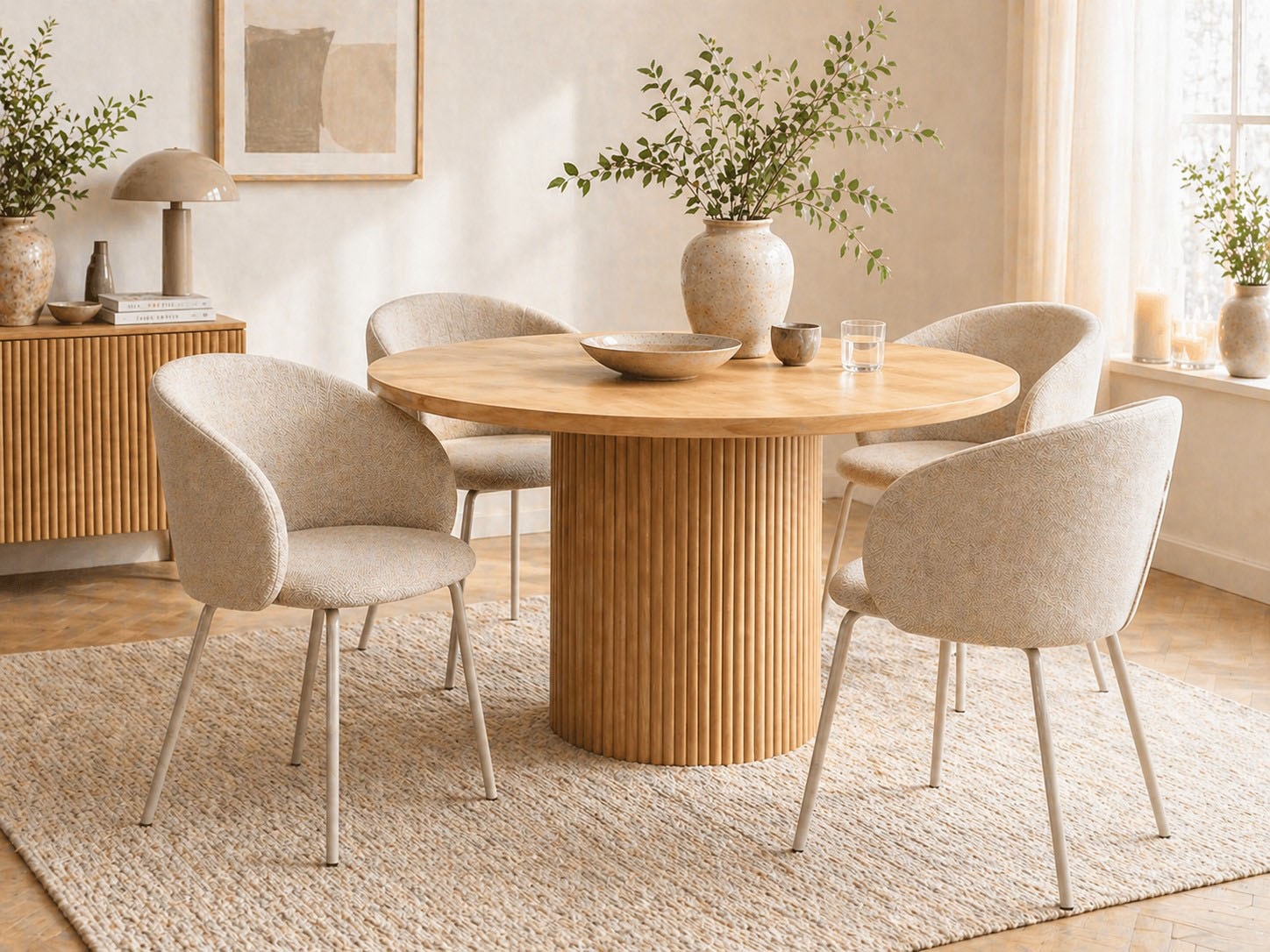 ACTONA GROUP Chaise de salle à manger »Eleanor 2er Set, gepolstert mit Armlehne, bequem, modern, beige« (Ensemble) Skandinavisches Design, hoher Sitzkomfort & weicher Stoff